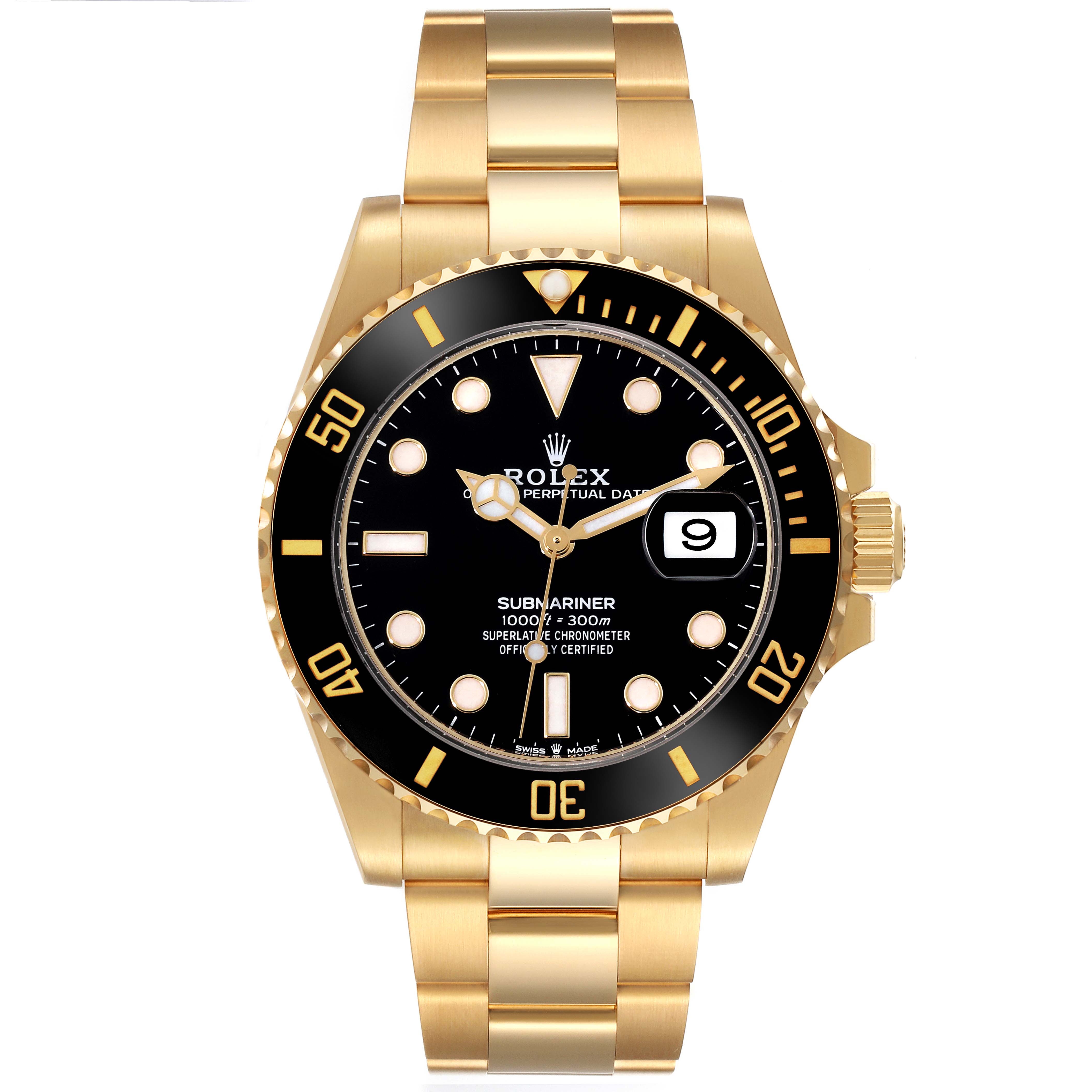 This image shows a front view of the Rolex Submariner 126618 Men's Yellow Gold Black Dial 126618 Men's Yellow Gold Black Dial, highlighting its black dial, date window, and gold bracelet.