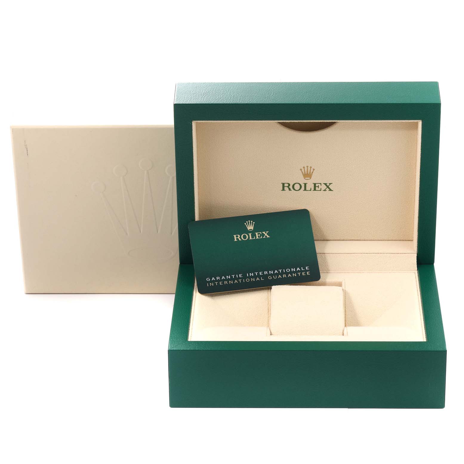 The image shows the Rolex Submariner 126618 Men's Yellow Gold Black Dial 126618 Men's Yellow Gold Black Dial watch box, international guarantee card, and interior packaging from a front-facing angle.
