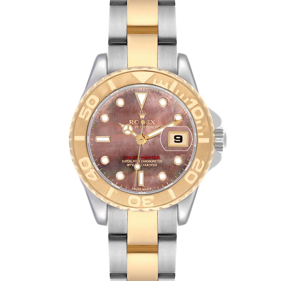 The Rolex Yacht-Master watch is shown from a front angle, highlighting the dial, bezel, and two-tone bracelet.