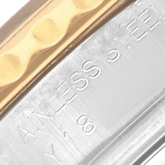 The image shows a close-up of the bracelet and clasp of a Rolex Yacht-Master 169623 Women
s Steel and Gold (two tone) Mother of Pearl Dial 169623 Women
s Steel and Gold (two tone) Mother of Pearl Dial, featuring both metal and engraved details.