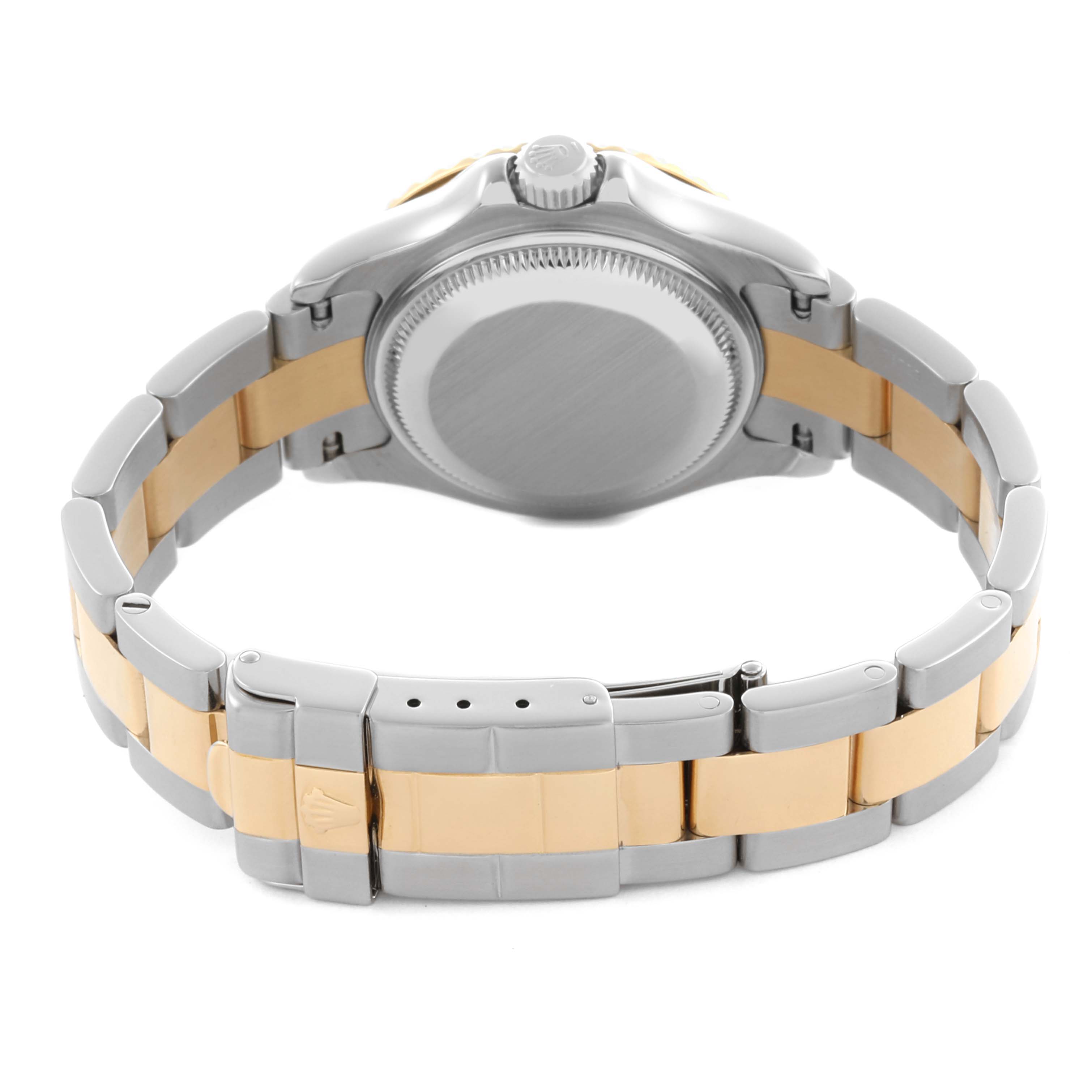 The Rolex Yacht-Master 169623 Women
s Steel and Gold (two tone) Mother of Pearl Dial 169623 Women
s Steel and Gold (two tone) Mother of Pearl Dial watch is shown from the back, highlighting the case, crown, and two-tone bracelet with a clasp.