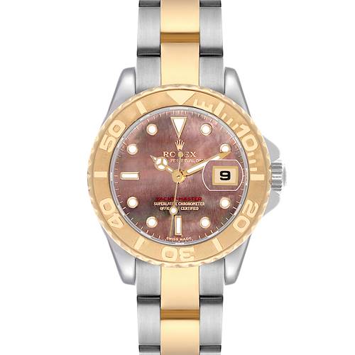 The Rolex Yacht-Master watch is shown from a top-down angle, displaying the face, bezel, and bracelet.