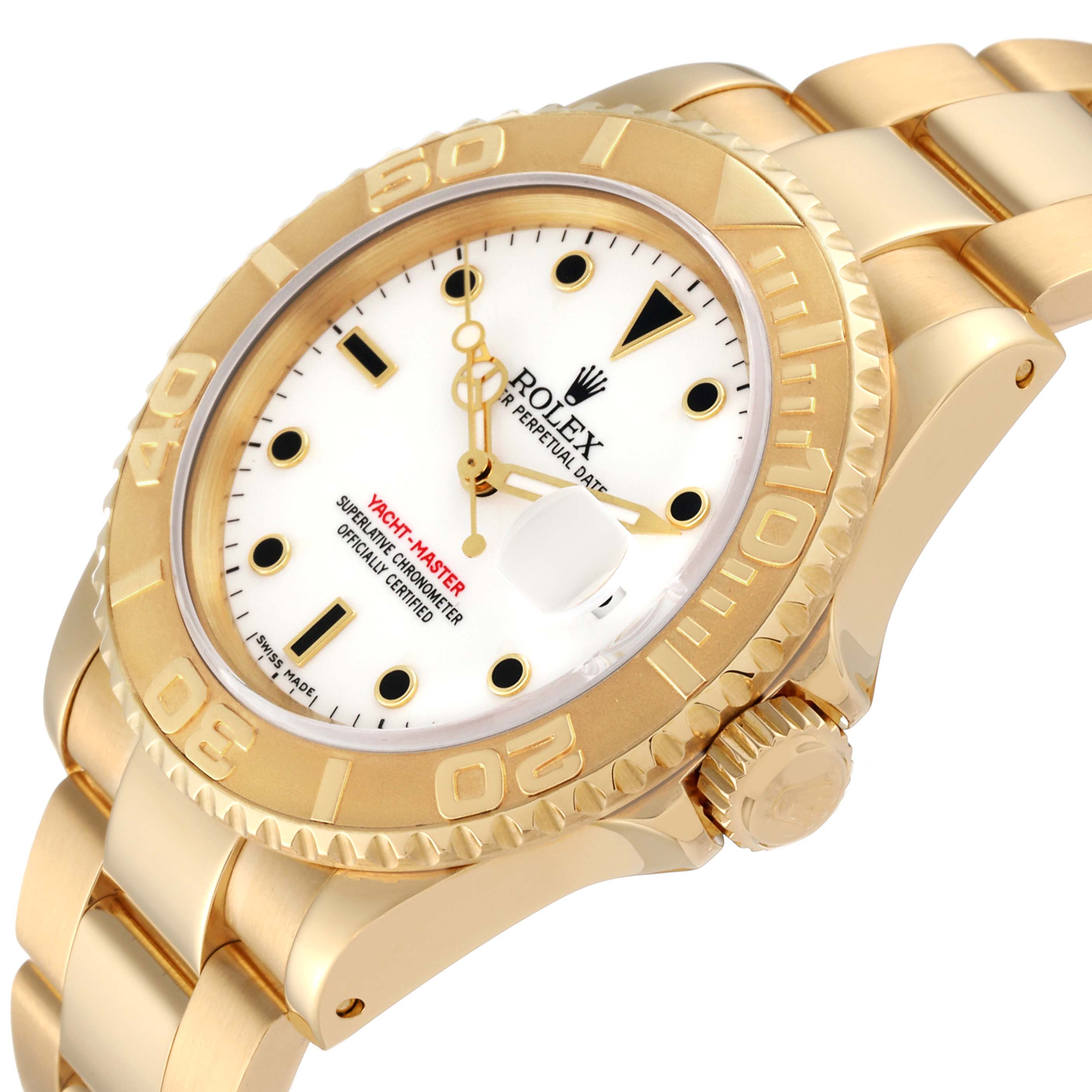 This image shows a side angle of a Rolex Yacht-Master 16628 Men's Yellow Gold White Dial 16628 Men's Yellow Gold White Dial watch, highlighting its bezel, crown, and part of the bracelet.