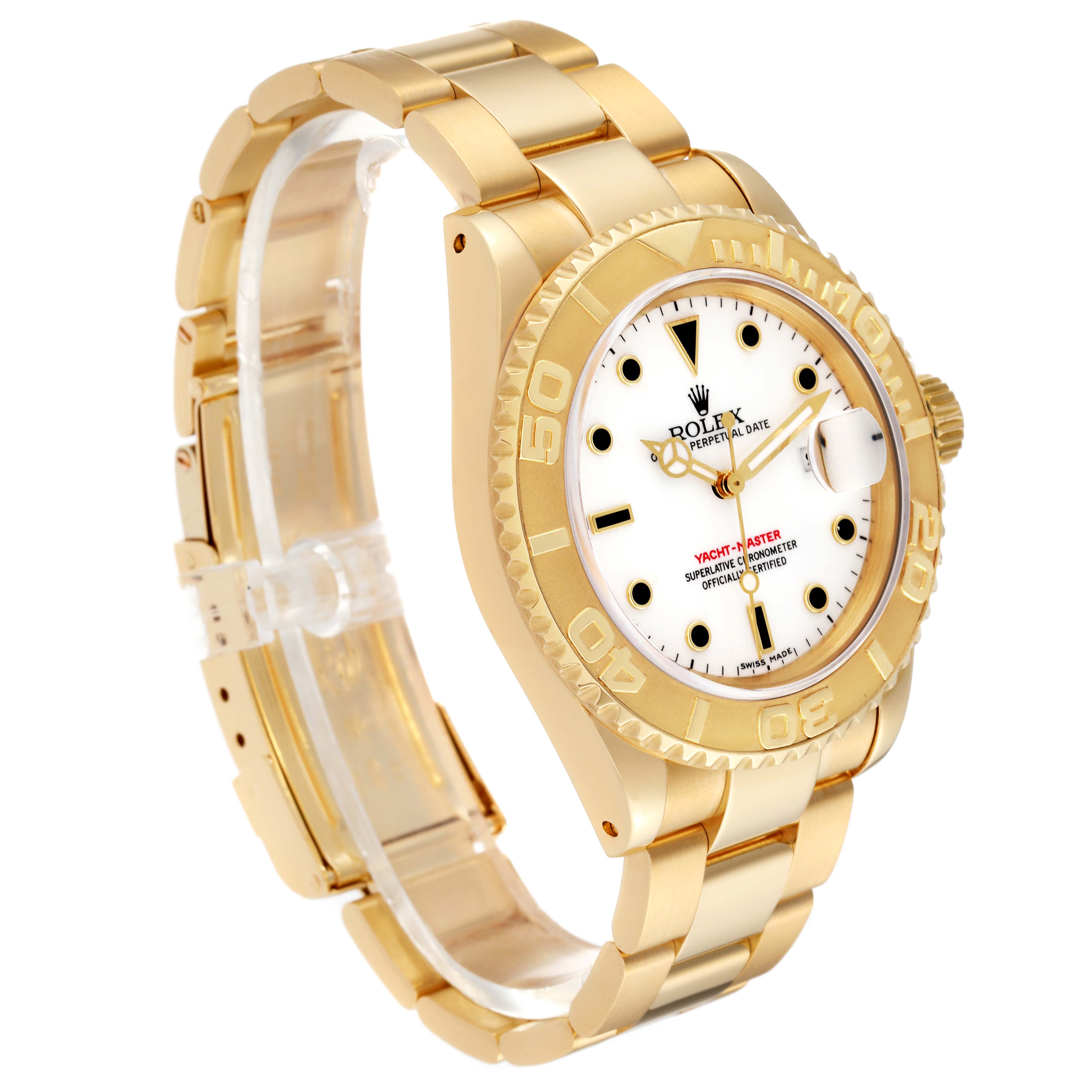 The image shows a side angle of the Rolex Yacht-Master 16628 Men's Yellow Gold White Dial 16628 Men's Yellow Gold White Dial watch, highlighting its gold case, bracelet, and white dial.