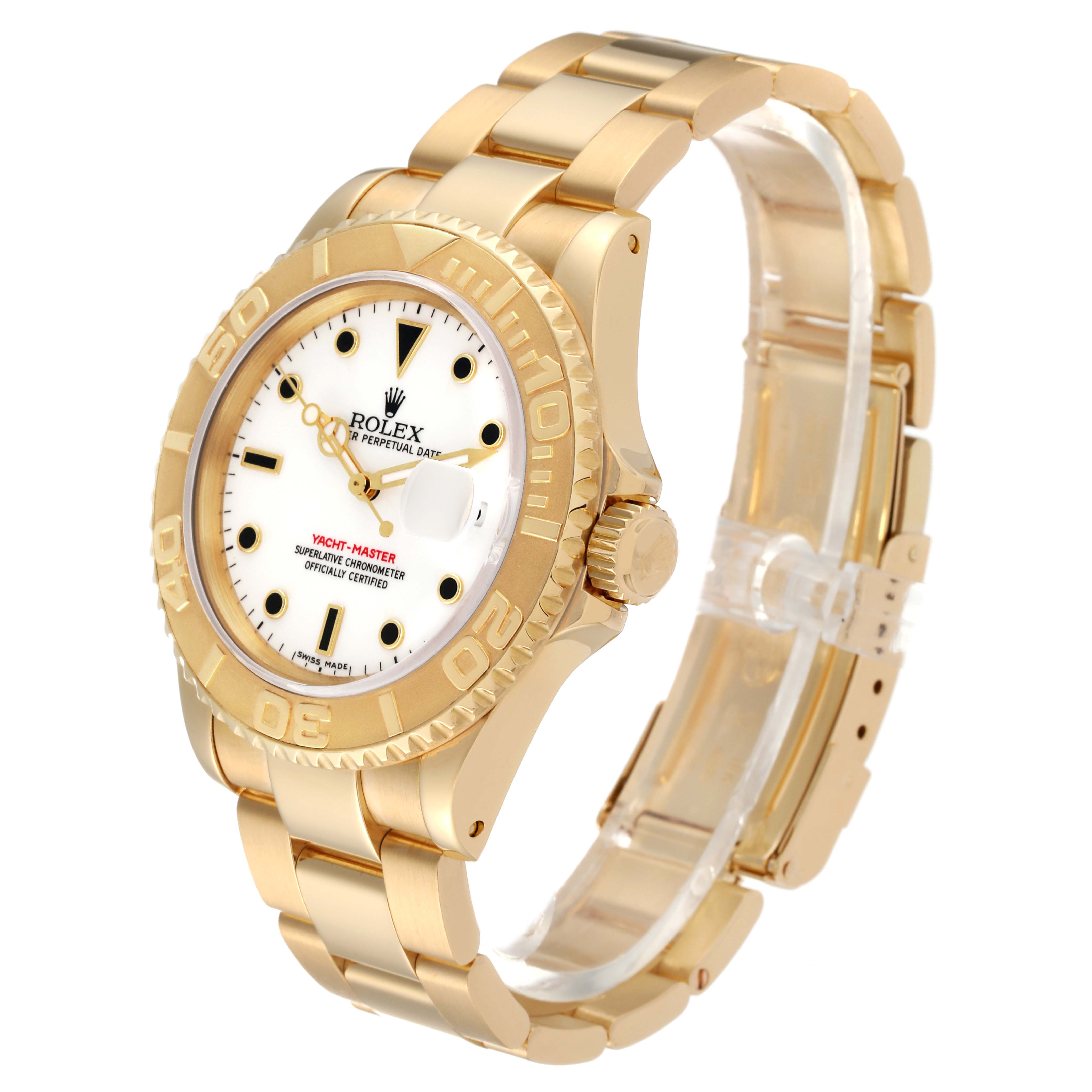 The Rolex Yacht-Master 16628 Men's Yellow Gold White Dial 16628 Men's Yellow Gold White Dial watch is shown at a three-quarter angle, highlighting the face, bezel, crown, and part of the bracelet.