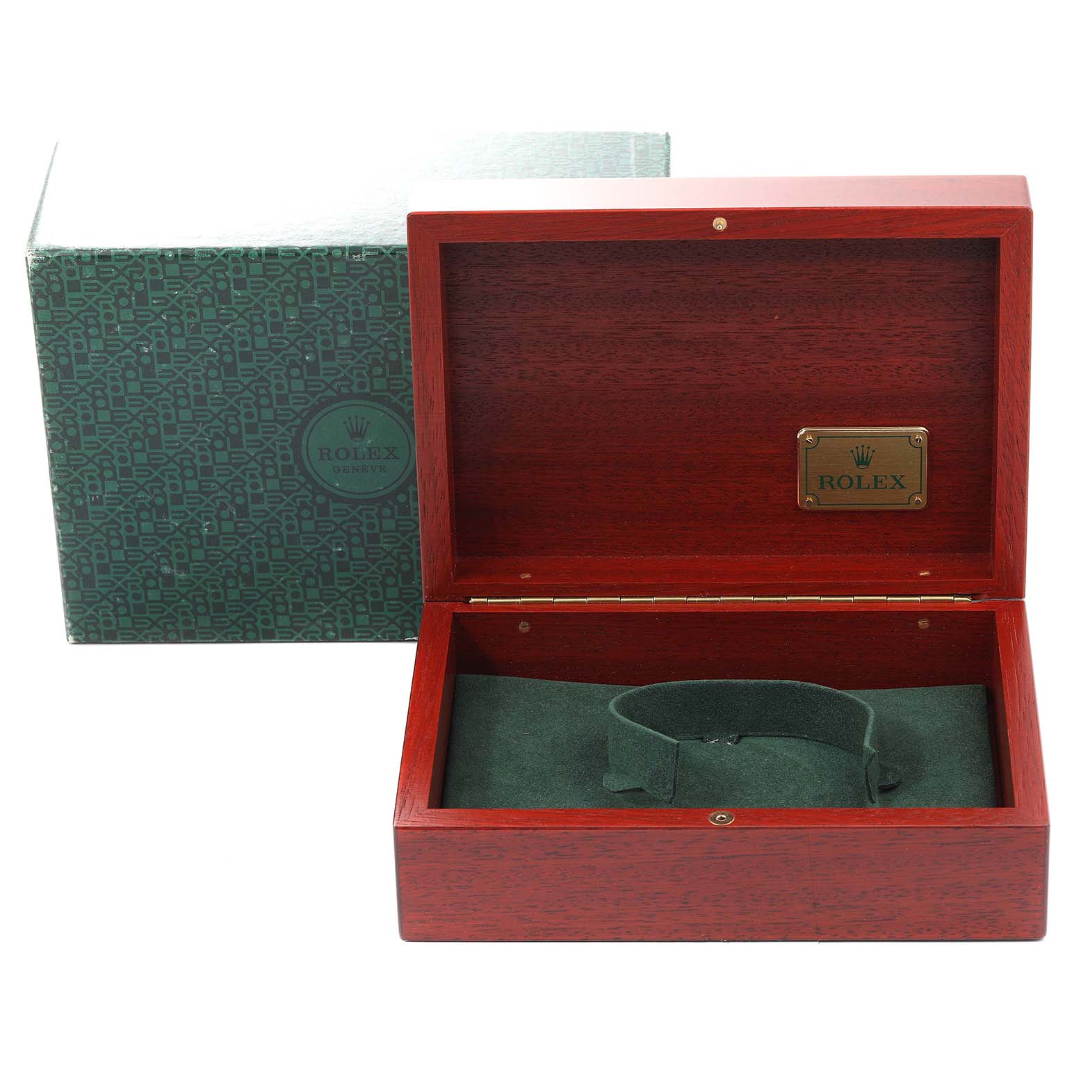 This image shows an open Rolex Yacht-Master 16628 Men's Yellow Gold White Dial 16628 Men's Yellow Gold White Dial watch box with a green outer box and a green velvet interior holder.