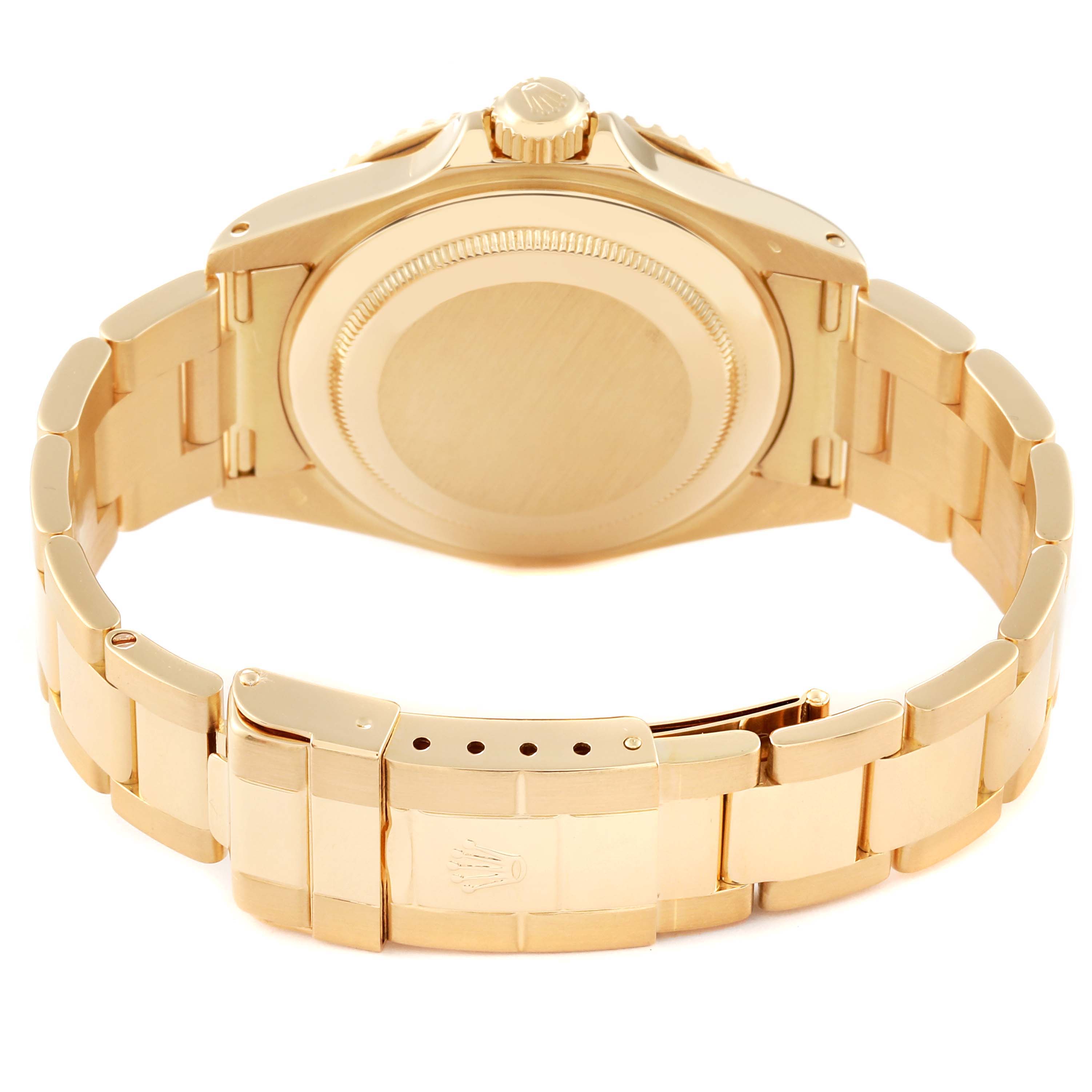 The image shows the back view of a Rolex Yacht-Master 16628 Men's Yellow Gold White Dial 16628 Men's Yellow Gold White Dial watch, highlighting its case back, crown, and bracelet.