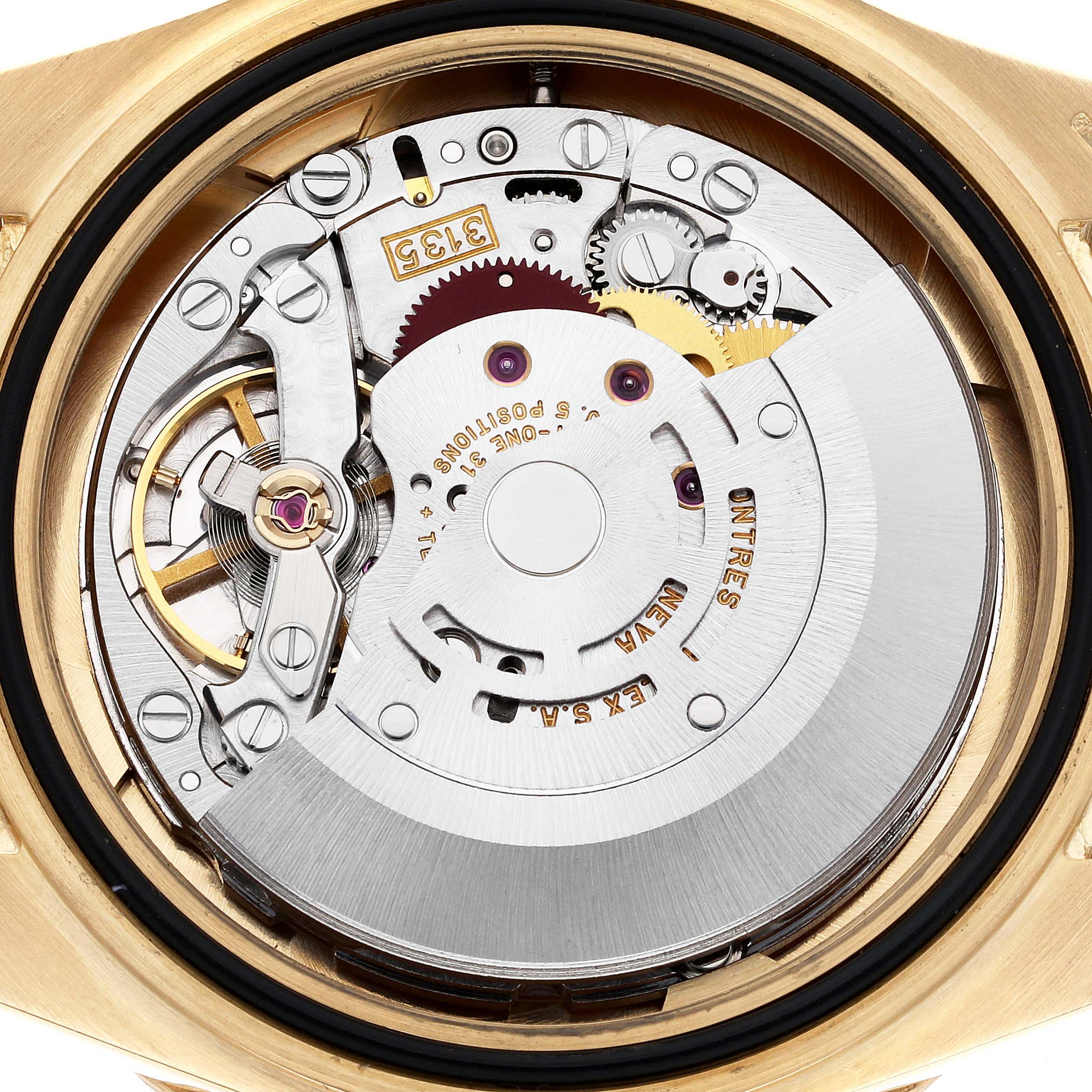 This image shows the internal mechanism of a Rolex Yacht-Master 16628 Men's Yellow Gold White Dial 16628 Men's Yellow Gold White Dial from a close-up, back-angle view without the caseback.