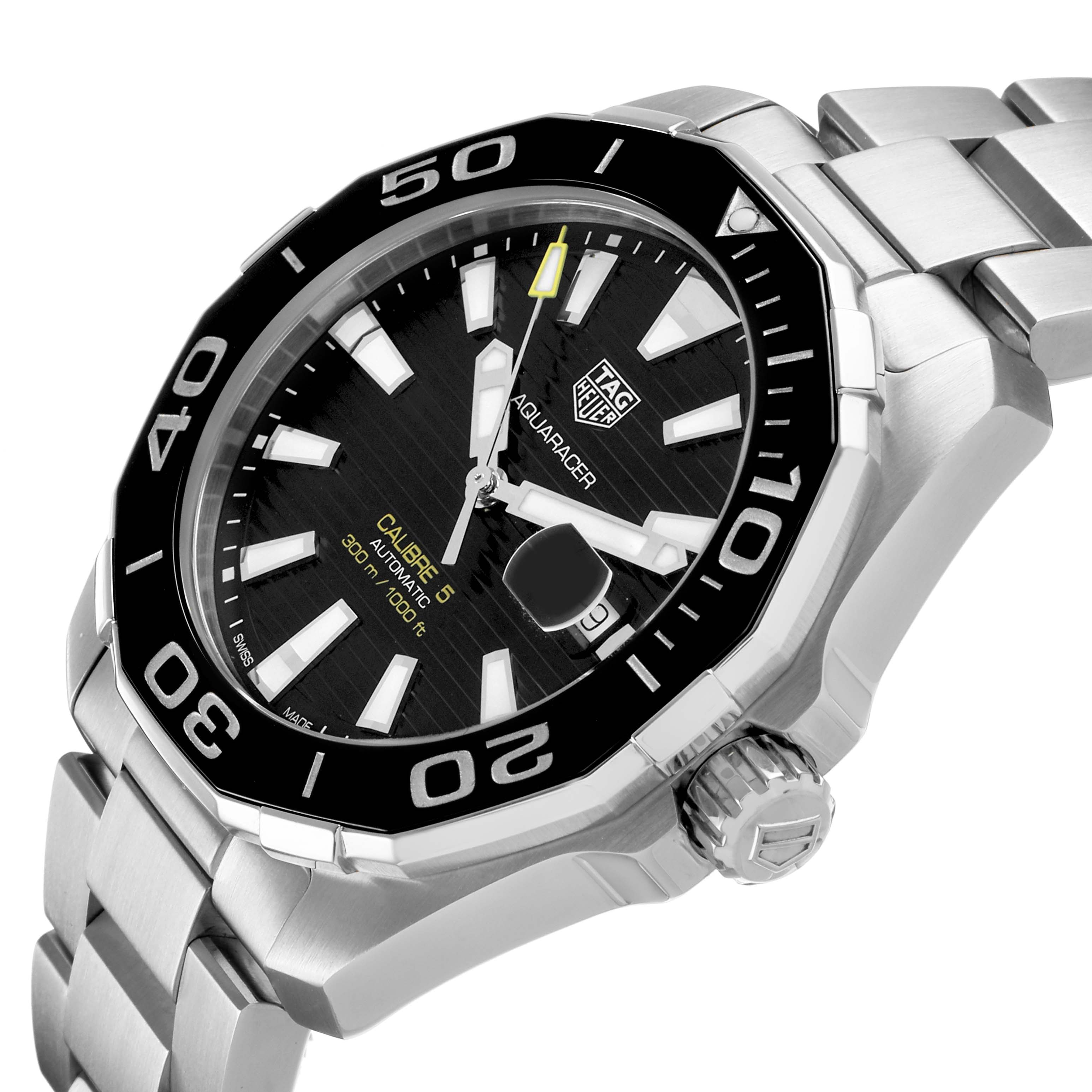 The Tag Heuer Aquaracer WAY201A Men's Stainless Steel Black Dial watch is shown at an angled side view, displaying the face, bezel, crown, and bracelet.