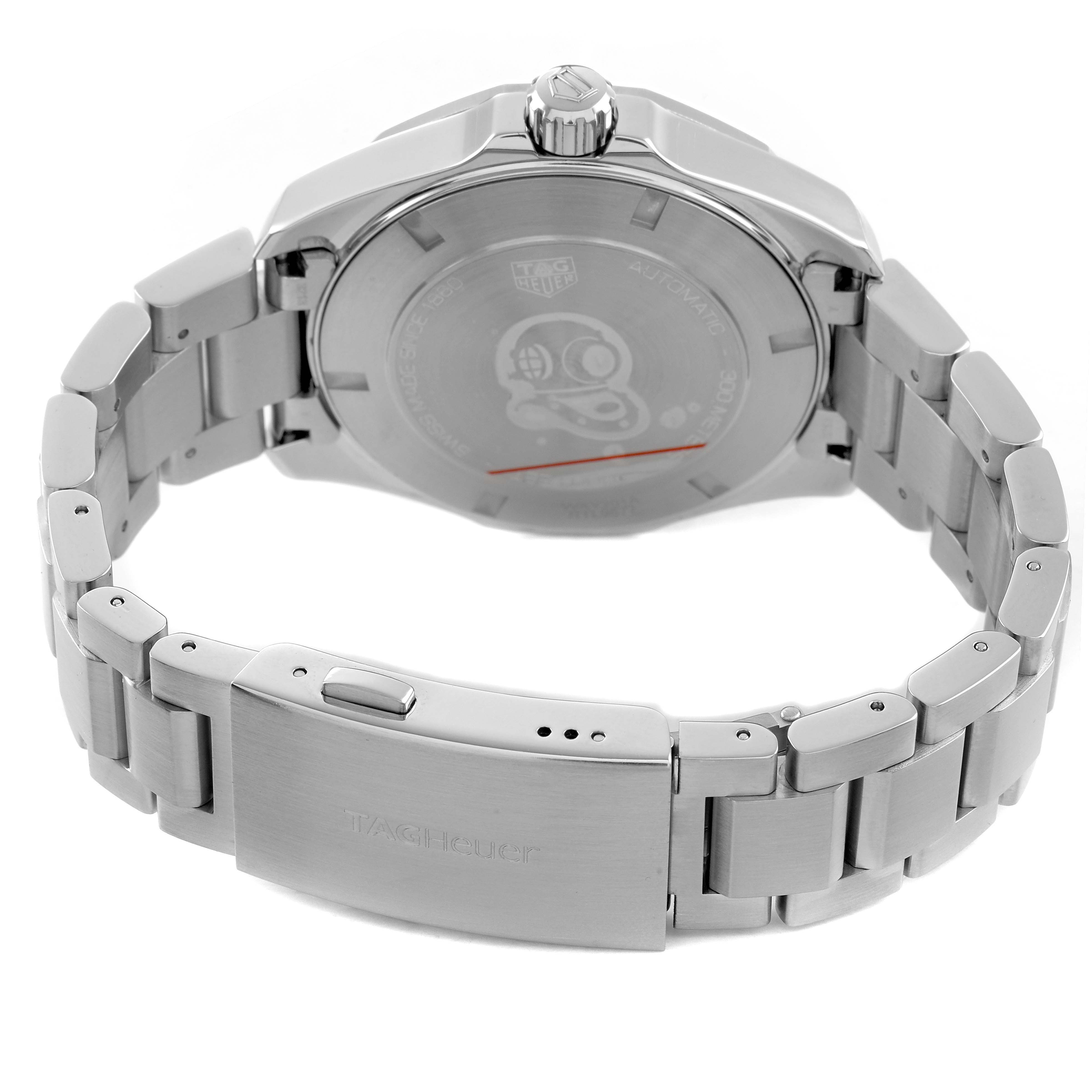 The Tag Heuer Aquaracer WAY201A Men's Stainless Steel Black Dial watch is shown from the back, highlighting the case back, crown, and metal bracelet clasp.