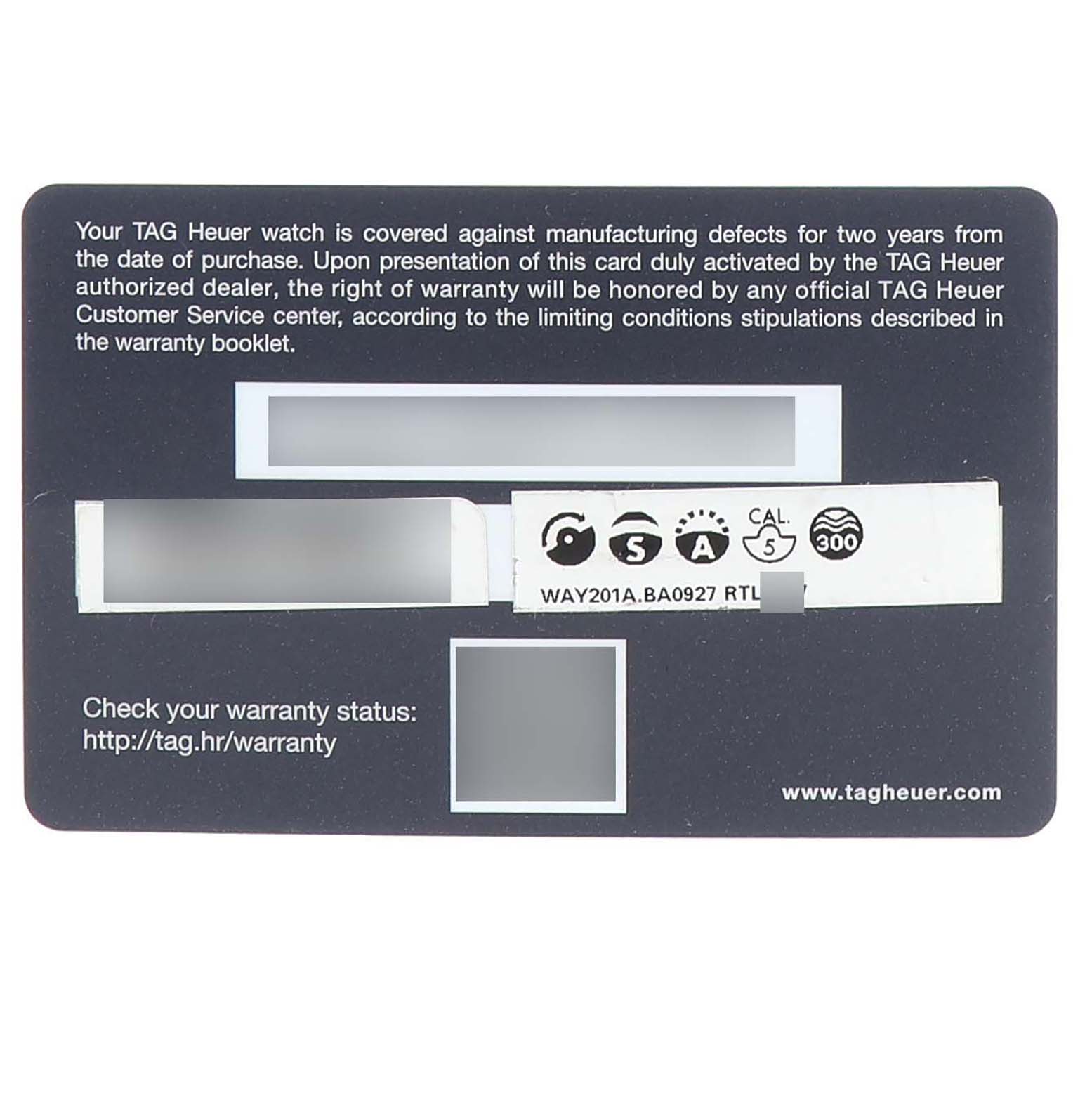 The image shows a Tag Heuer warranty card for the Aquaracer model, detailing coverage information and warranty check instructions.