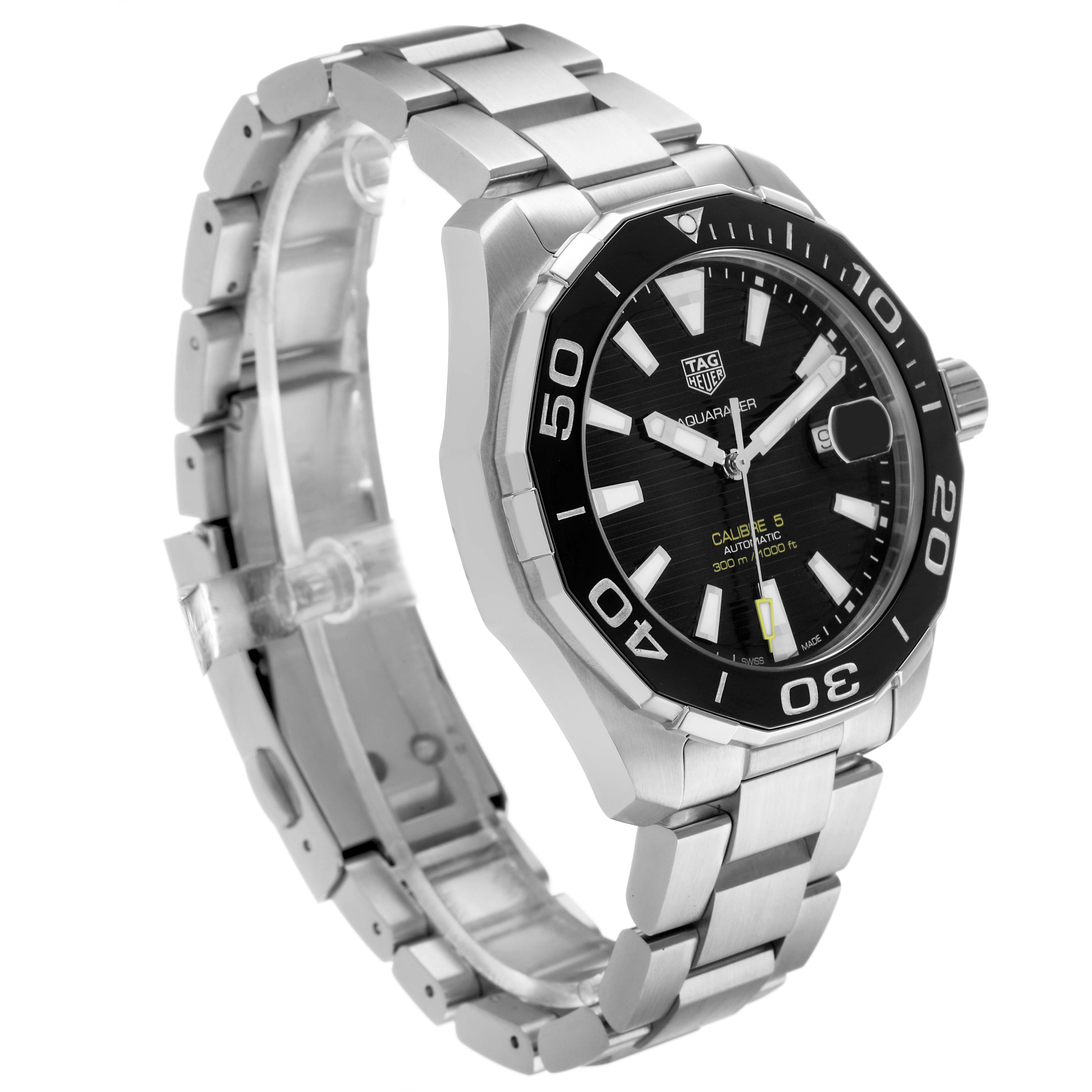 The image shows a Tag Heuer Aquaracer WAY201A Men's Stainless Steel Black Dial watch at a three-quarter angle, highlighting the bezel, dial, bracelet, and clasp.