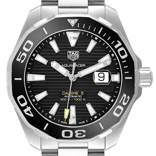 The Tag Heuer Aquaracer WAY201A Men's Stainless Steel Black Dial watch is shown from a front angle, highlighting its face, bezel, and part of the bracelet.