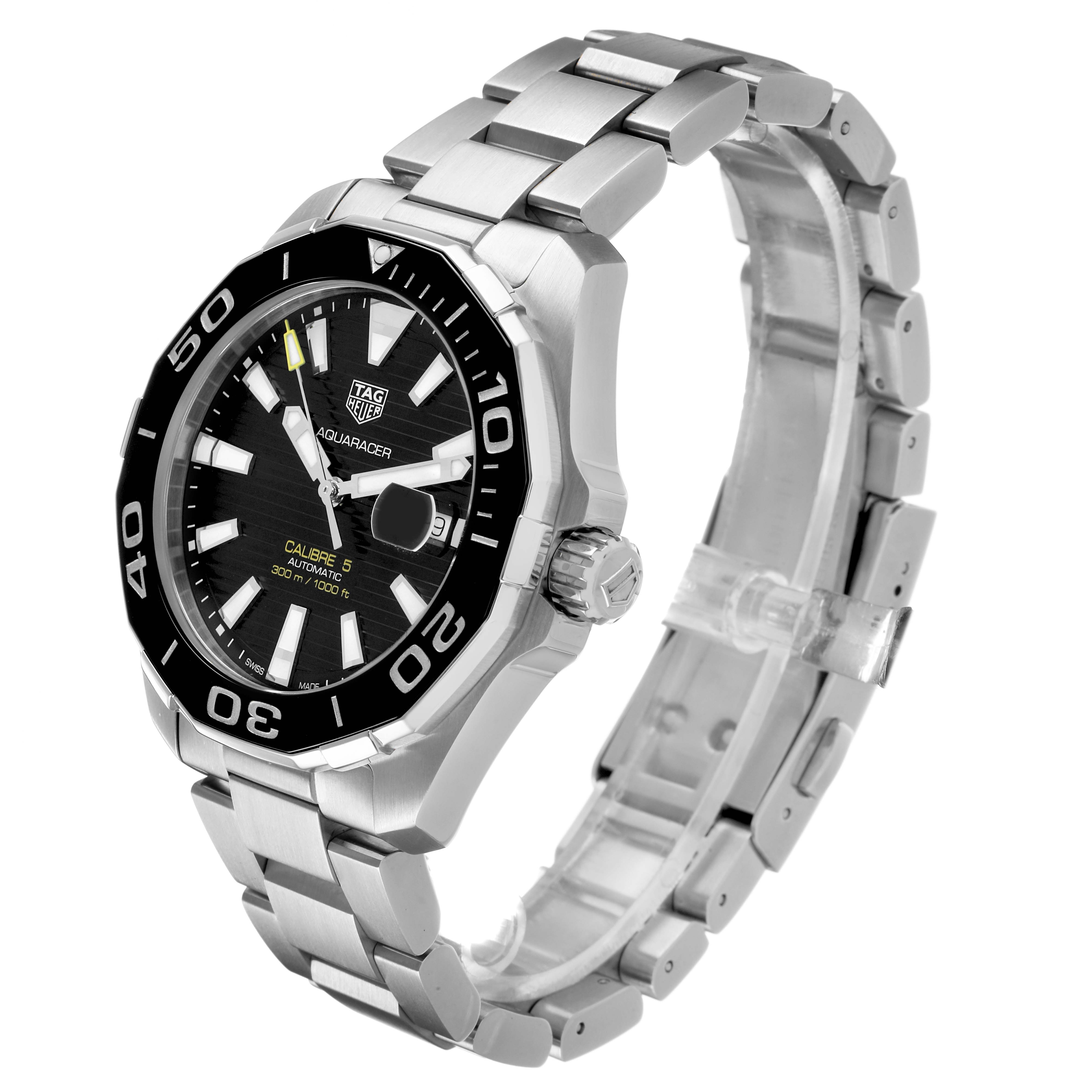 The Tag Heuer Aquaracer WAY201A Men's Stainless Steel Black Dial is shown at an angled front view, highlighting the dial, bezel, and bracelet.