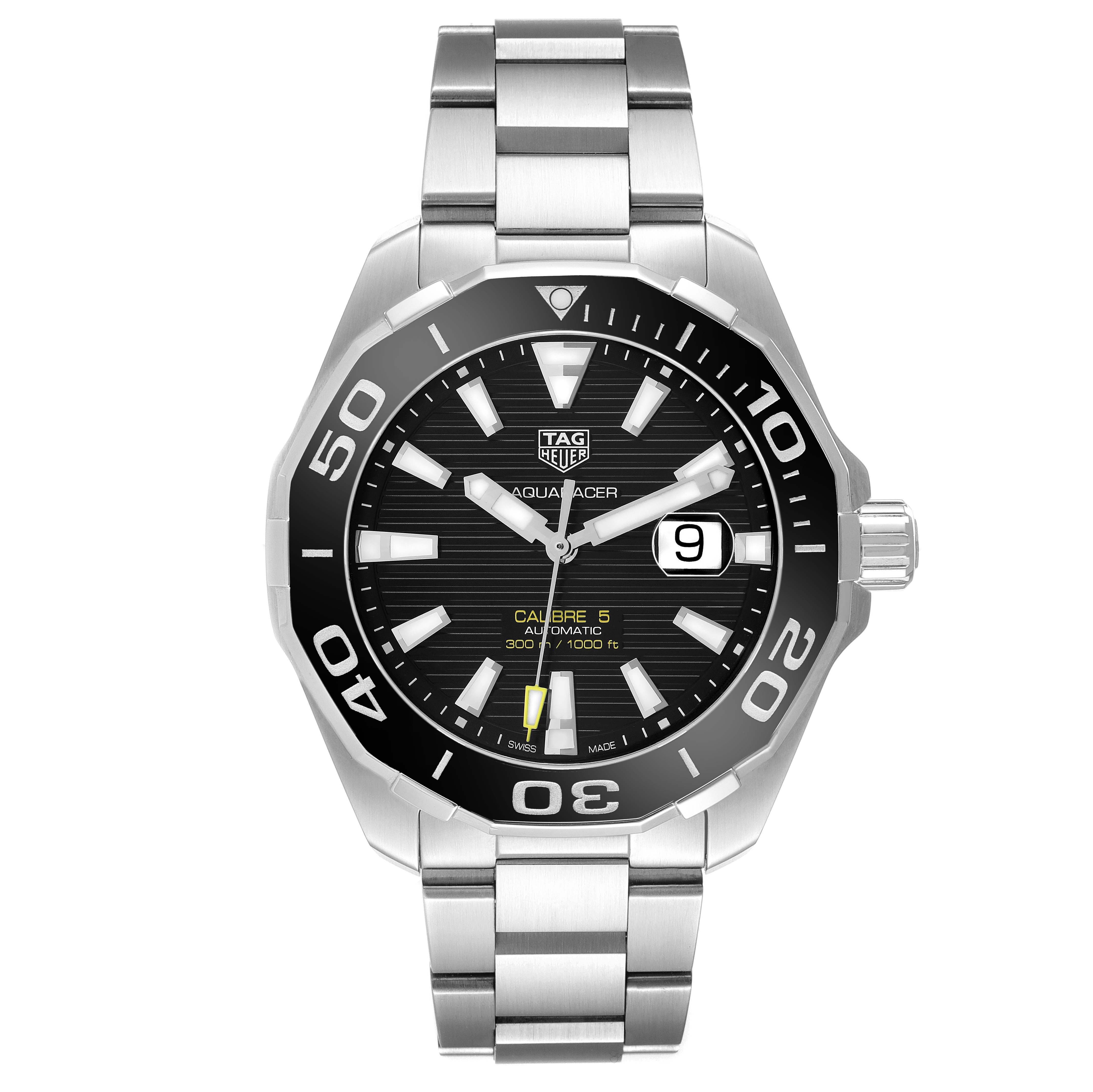 The Tag Heuer Aquaracer WAY201A Men's Stainless Steel Black Dial watch is shown from the front, featuring its bezel, dial, hands, date window, and stainless steel bracelet.