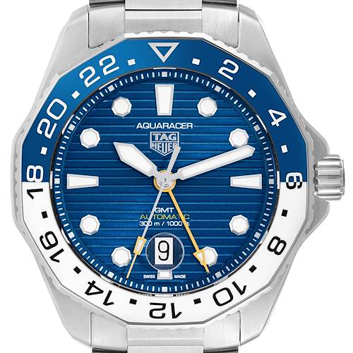 The Tag Heuer Aquaracer watch is shown from a front angle, featuring its blue dial, bezel, and part of the bracelet.