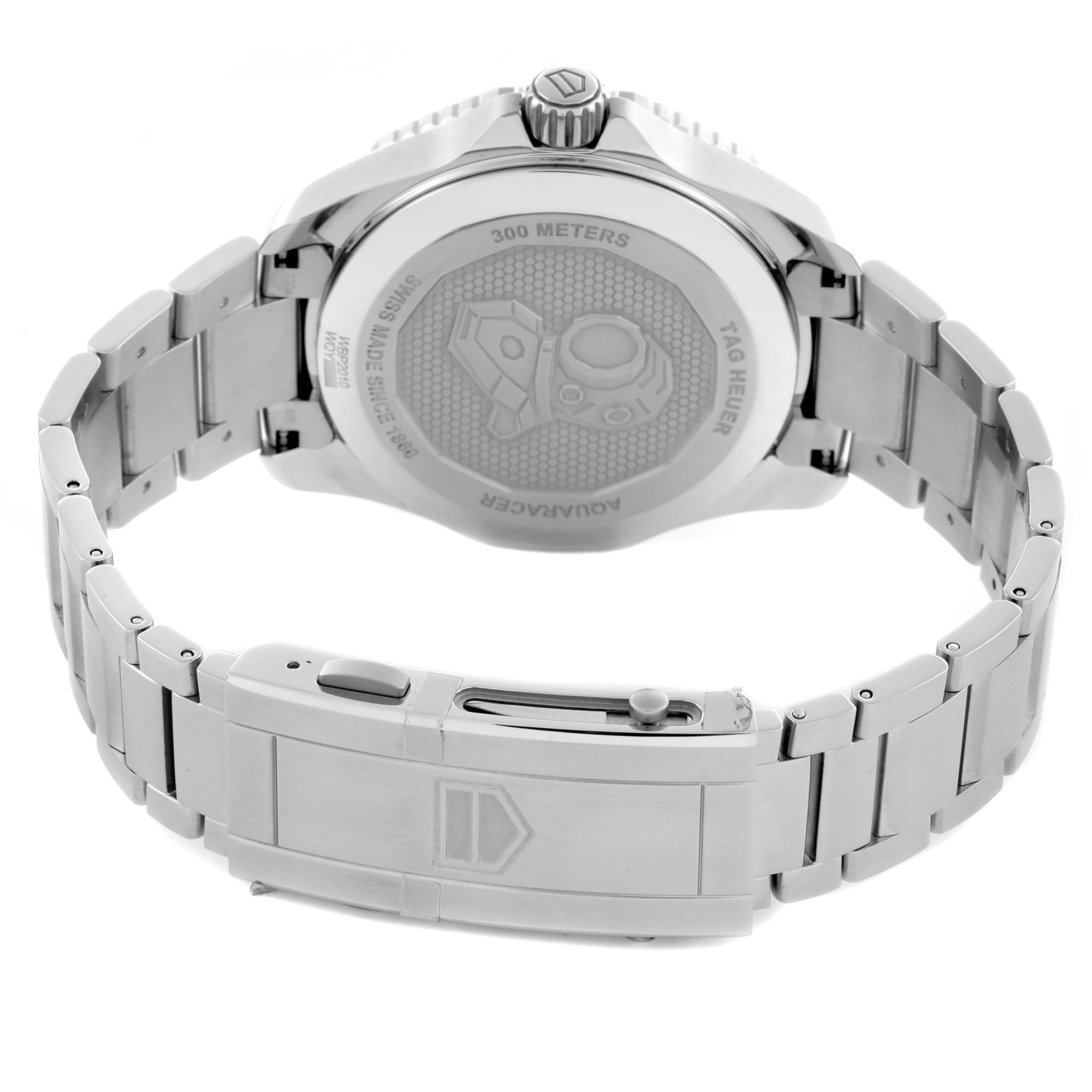 The image shows the back view of the Tag Heuer Aquaracer WBP2010.BA0632 Men's Stainless Steel Blue Dial WBP2010.BA0632 Men's Stainless Steel Blue Dial watch, highlighting the case back and bracelet clasp.