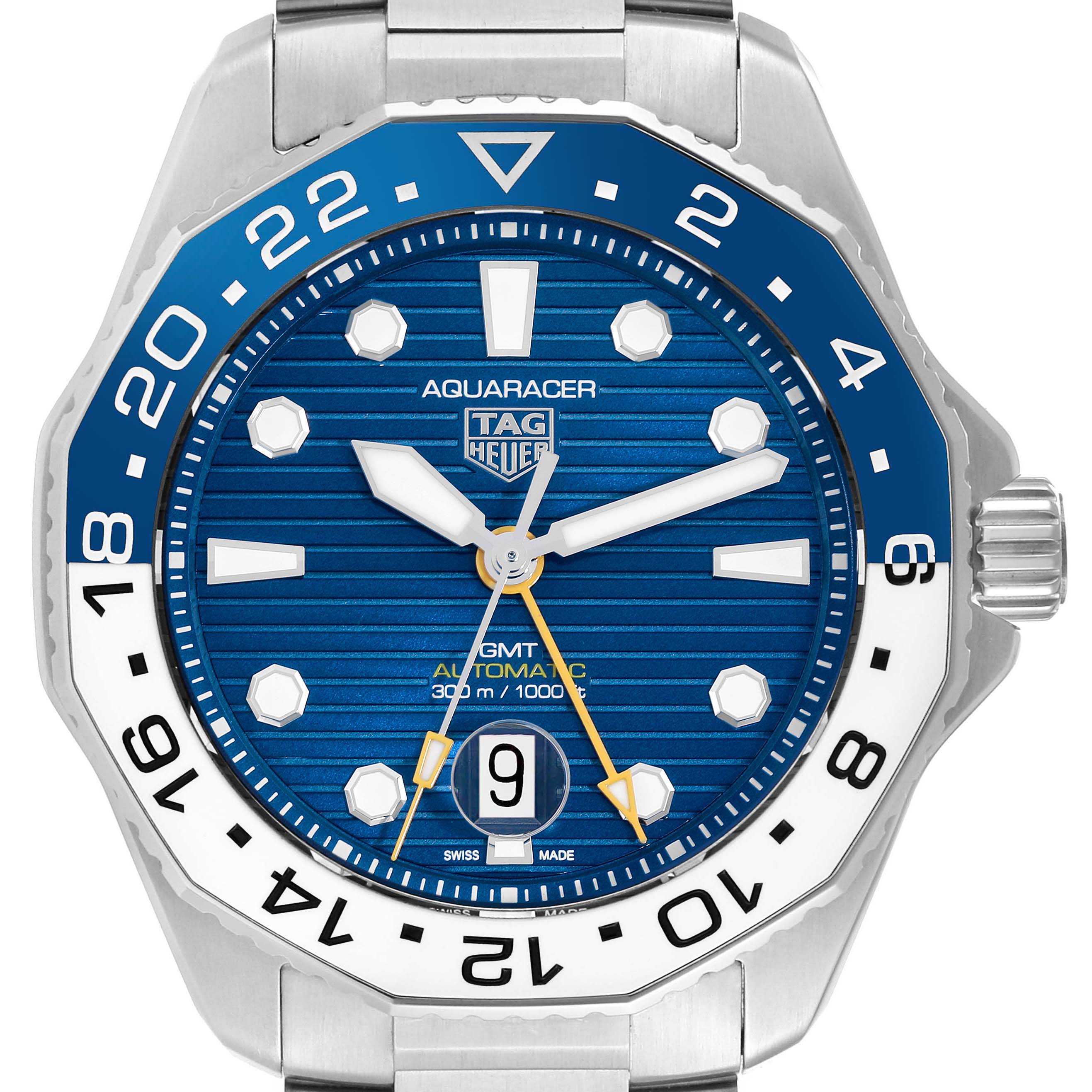 The Tag Heuer Aquaracer WBP2010.BA0632 Men's Stainless Steel Blue Dial WBP2010.BA0632 Men's Stainless Steel Blue Dial watch is shown from a front view, highlighting the blue dial, bezel, hands, and date display.
