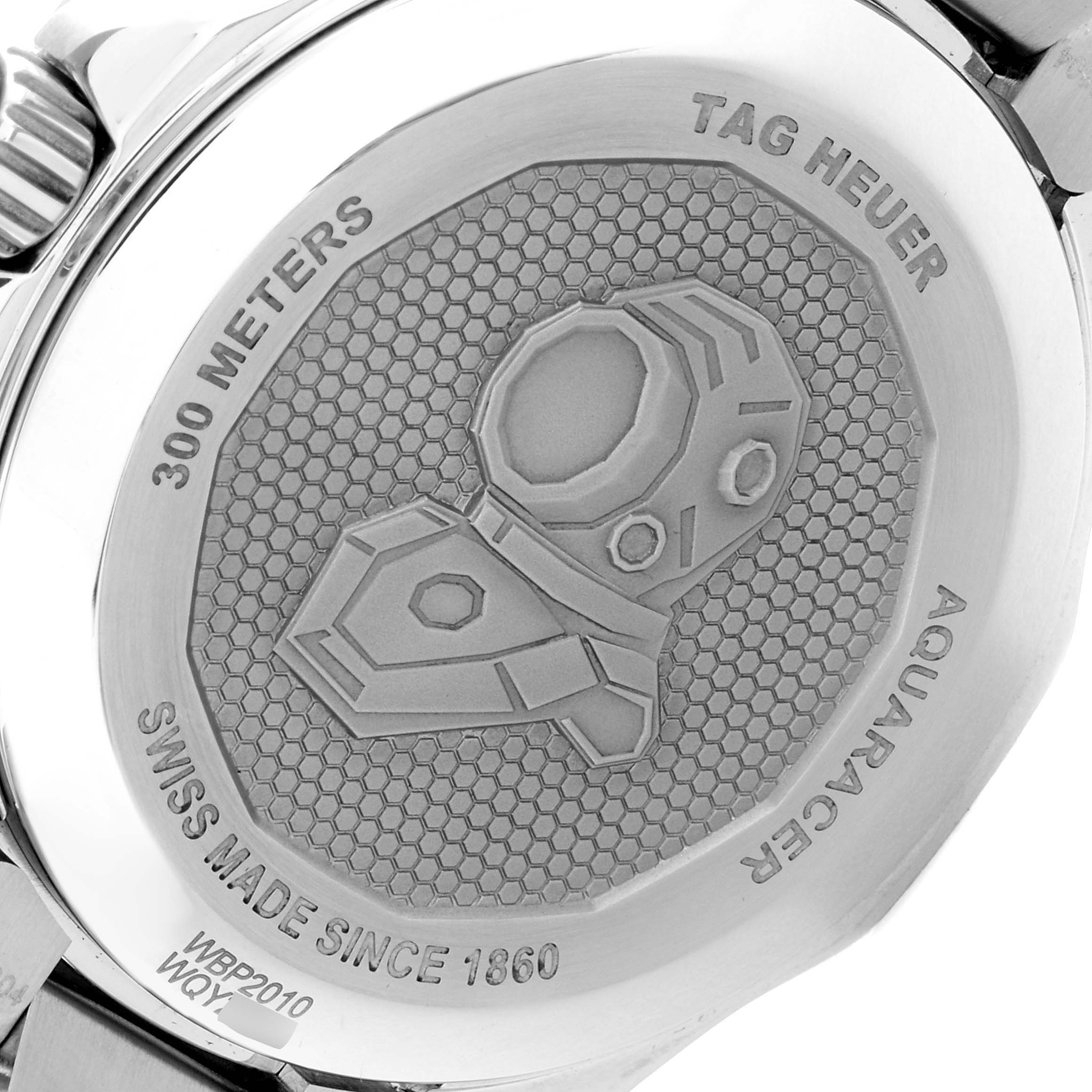 The image shows the case back of a Tag Heuer Aquaracer WBP2010.BA0632 Men's Stainless Steel Blue Dial WBP2010.BA0632 Men's Stainless Steel Blue Dial watch with engraved details and branding.