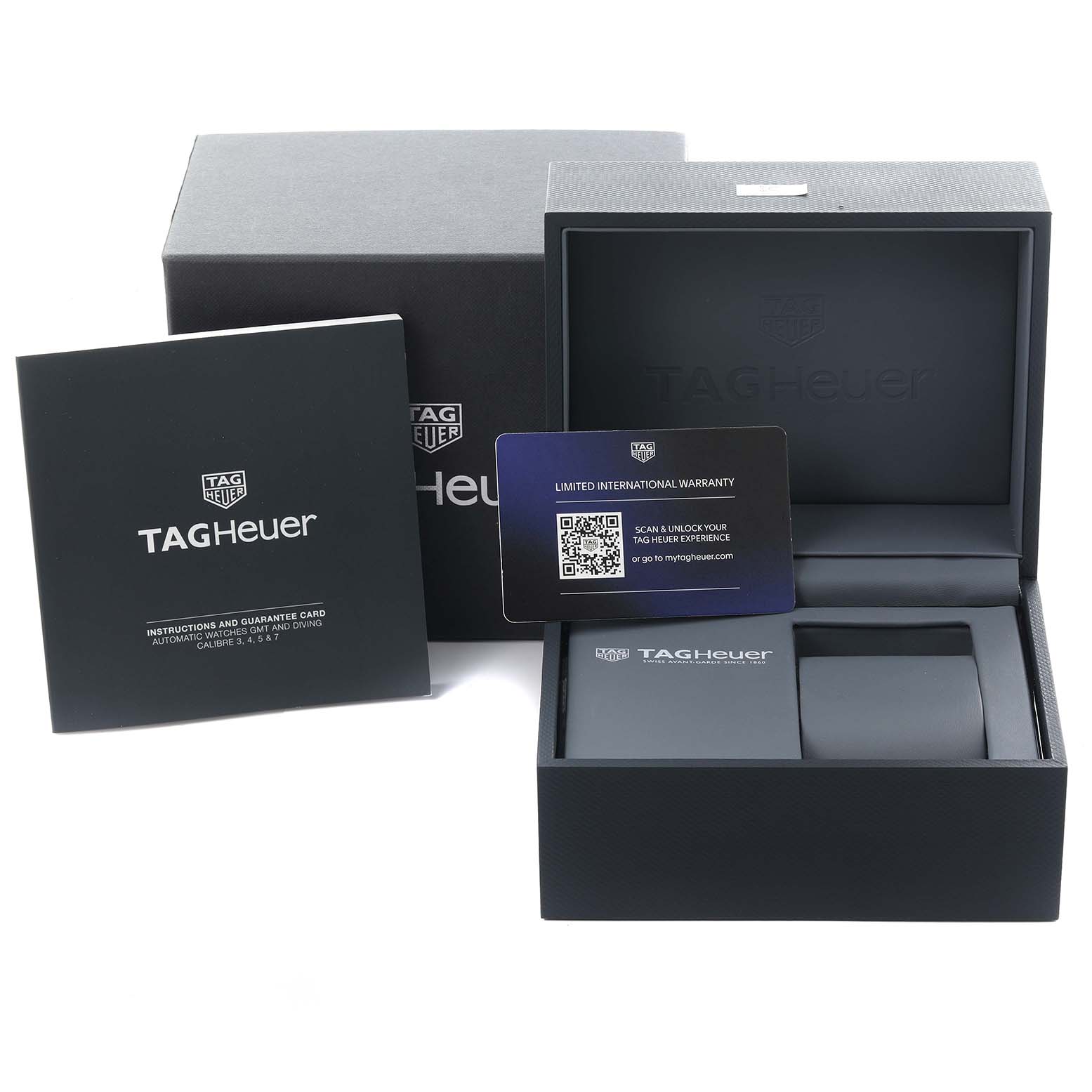 The image shows the Tag Heuer Aquaracer WBP2010.BA0632 Men's Stainless Steel Blue Dial WBP2010.BA0632 Men's Stainless Steel Blue Dial model packaging, including the watch box, manual, and warranty card.