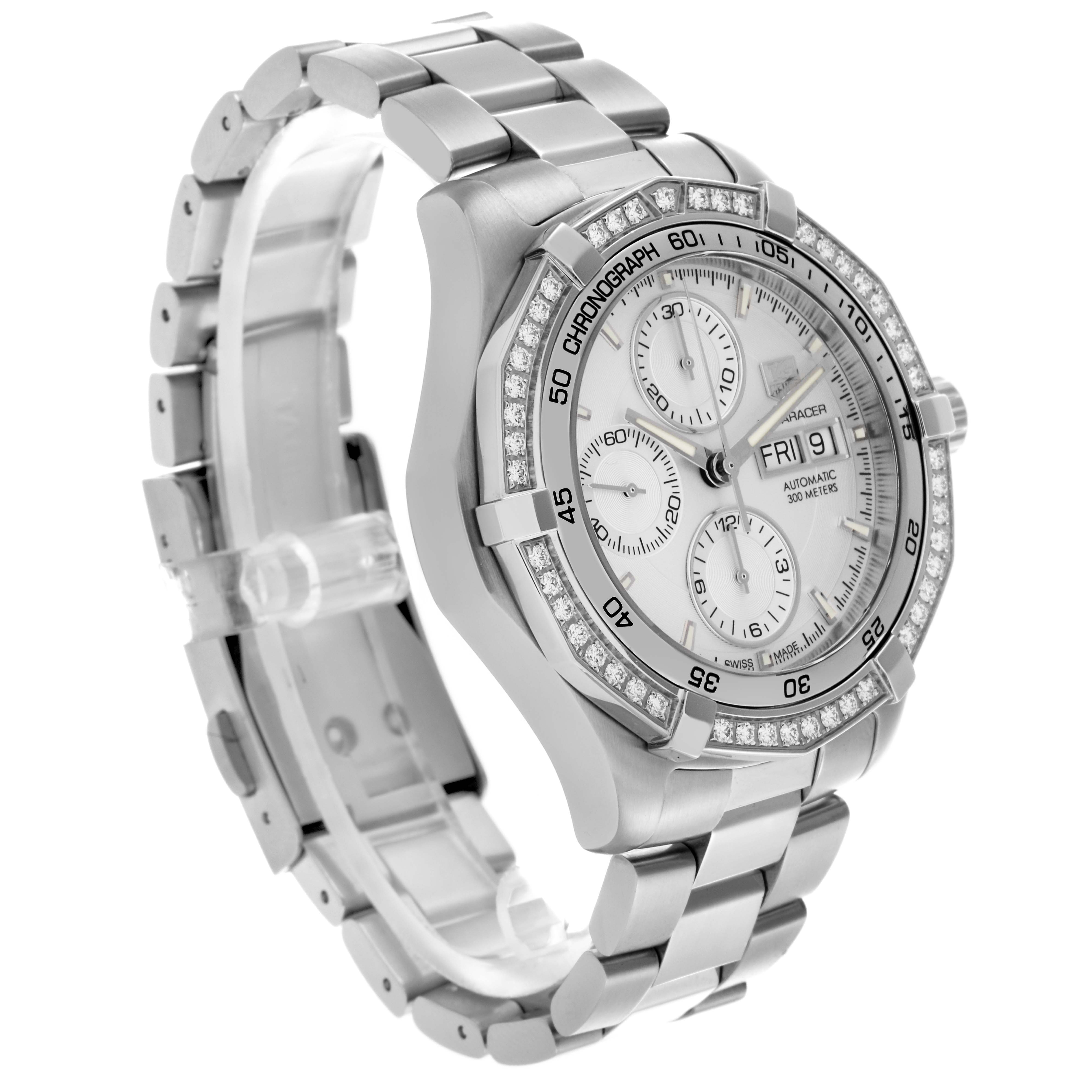 The Tag Heuer Aquaracer CAF2015.BA0815 Men's Stainless Steel Silver Dial CAF2015.BA0815 Men's Stainless Steel Silver Dial watch is shown at a three-quarter angle, highlighting the bracelet, bezel, and face with chronograph details.