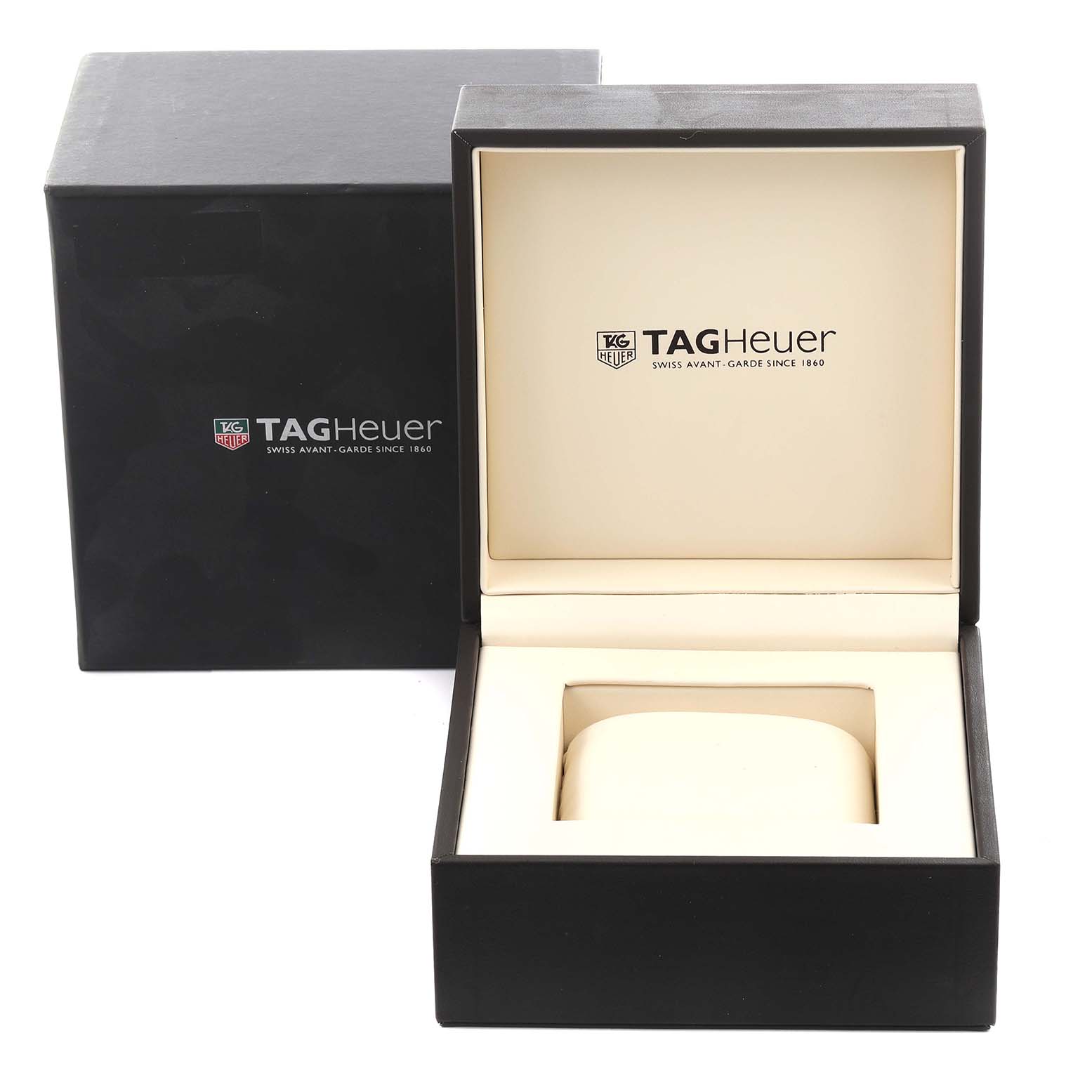 The image shows the open box and packaging for a Tag Heuer Aquaracer CAF2015.BA0815 Men's Stainless Steel Silver Dial CAF2015.BA0815 Men's Stainless Steel Silver Dial watch, viewed from the front.