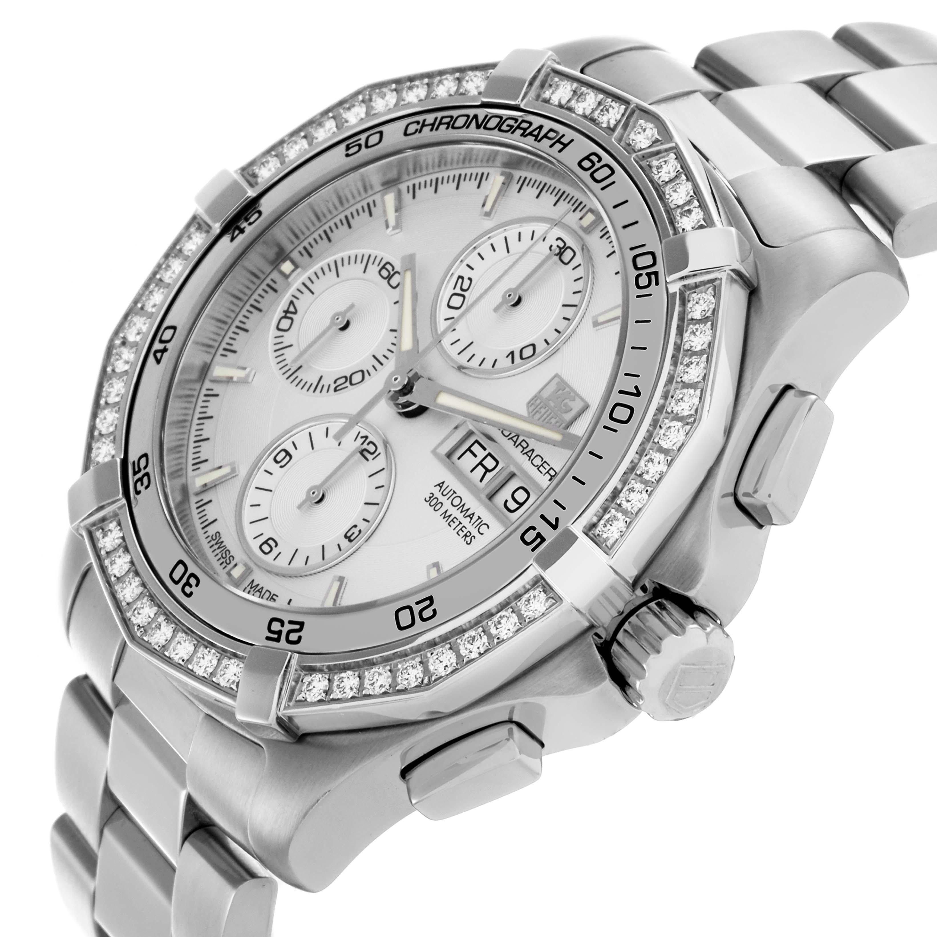 The image shows a Tag Heuer Aquaracer CAF2015.BA0815 Men's Stainless Steel Silver Dial CAF2015.BA0815 Men's Stainless Steel Silver Dial watch at a three-quarter angle, highlighting the bezel, crown, bracelet, and chronograph subdials.