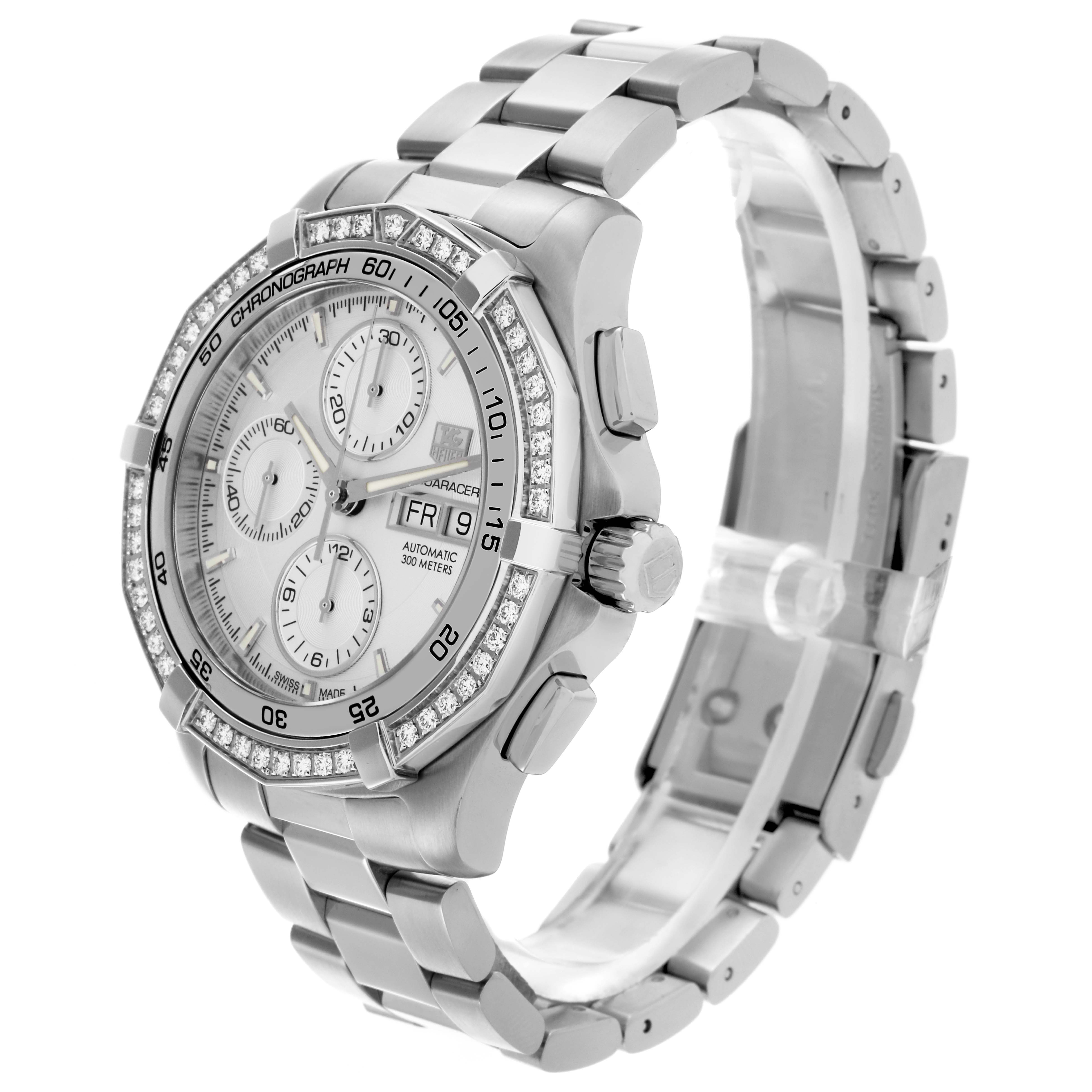 The Tag Heuer Aquaracer CAF2015.BA0815 Men's Stainless Steel Silver Dial CAF2015.BA0815 Men's Stainless Steel Silver Dial watch is shown at a three-quarter angle, displaying the face, bezel, crown, pushers, and bracelet.