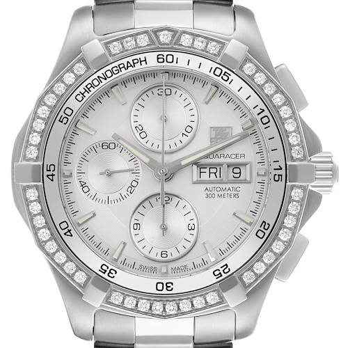 The Tag Heuer Aquaracer watch is shown from the front, highlighting its dial, bezel, chronograph subdials, and bracelet.