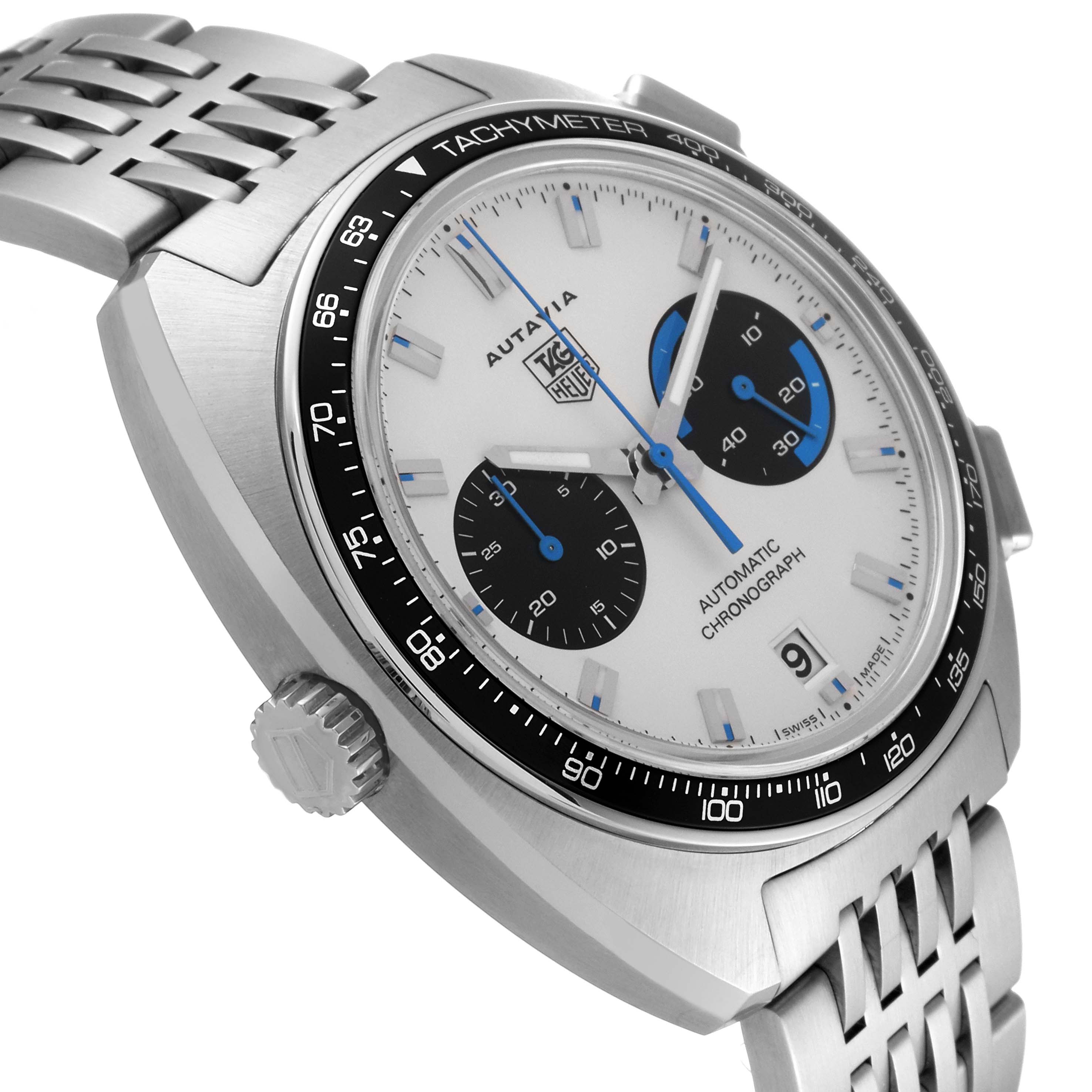 The image shows a side angle of a Tag Heuer Autavia CY2110.BA0775 Men's Stainless Steel Silver Dial CY2110.BA0775 Men's Stainless Steel Silver Dial watch, highlighting the face, bezel, and crown.