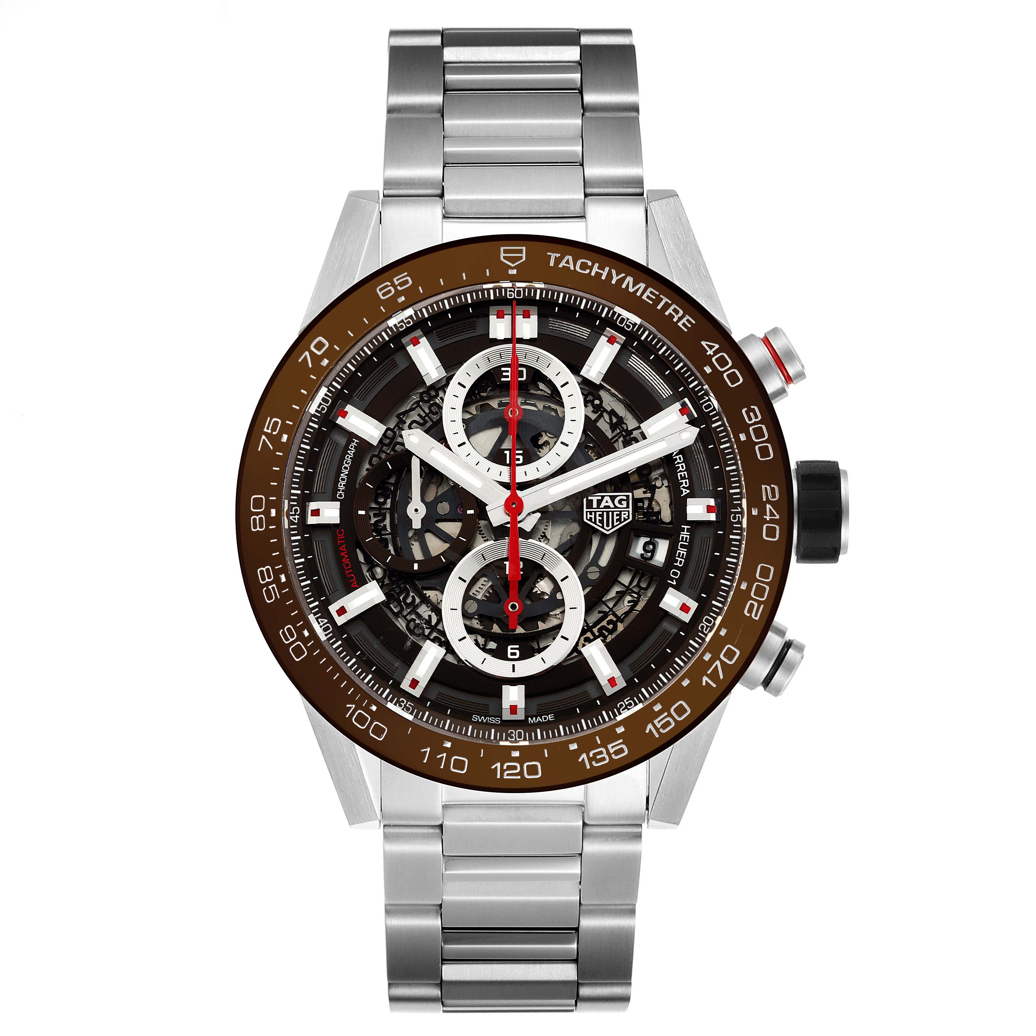 The image shows a frontal view of the Tag Heuer Carrera CAR201U.BA0766 Men's Stainless Steel Brown Dial CAR201U.BA0766 Men's Stainless Steel Brown Dial watch with a stainless steel bracelet and a tachymeter bezel.