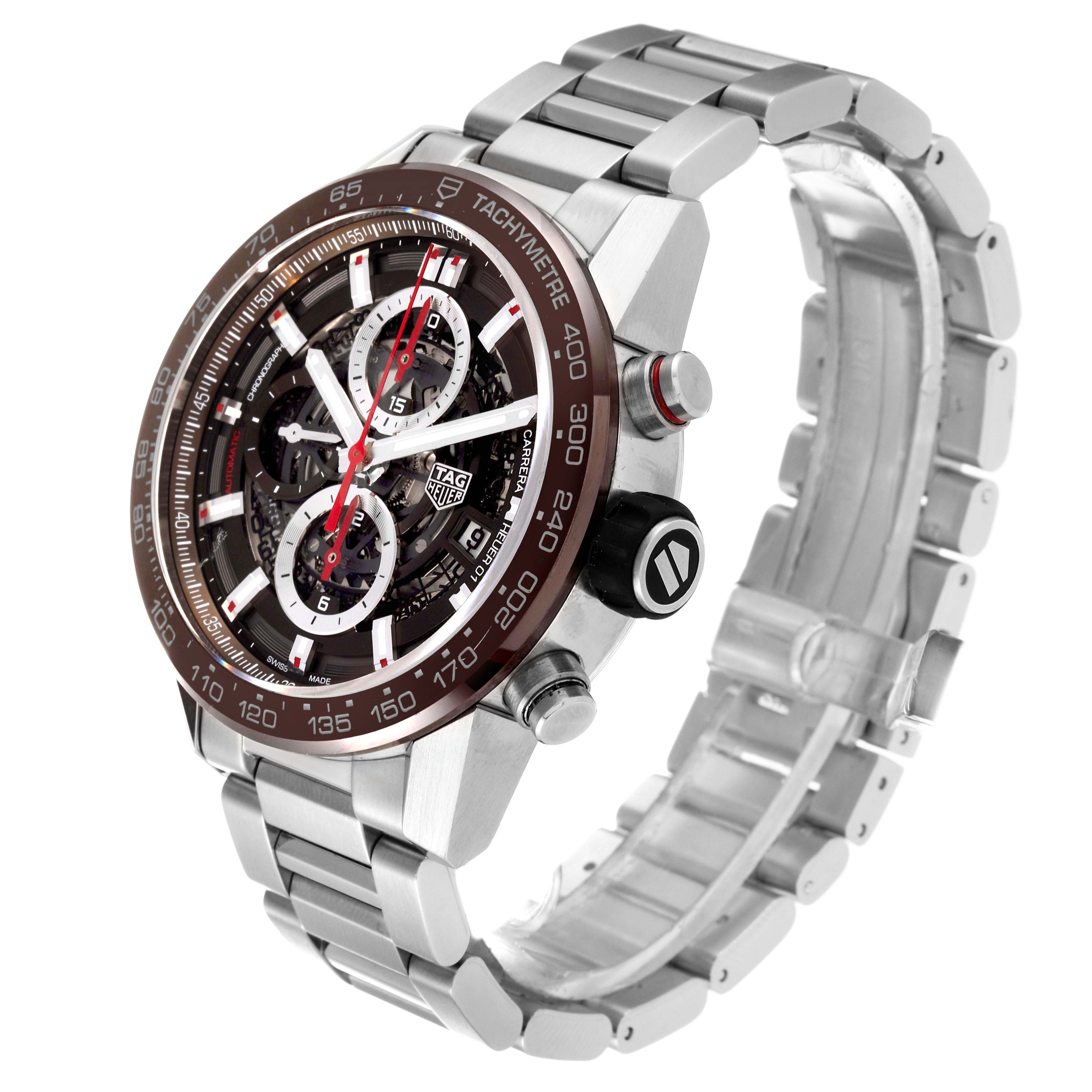 The image shows a Tag Heuer Carrera CAR201U.BA0766 Men's Stainless Steel Brown Dial CAR201U.BA0766 Men's Stainless Steel Brown Dial model watch at a side angle, highlighting its face, buttons, and stainless steel band.