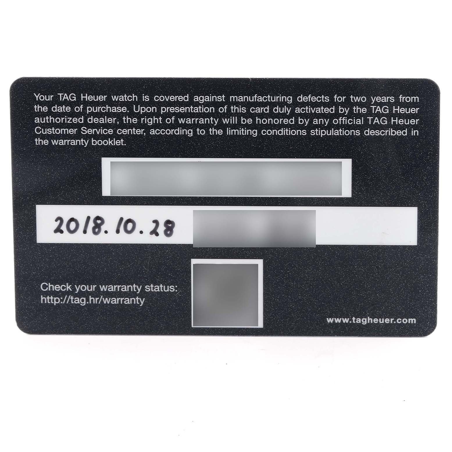 The image shows the warranty card for the Carrera model by Tag Heuer, including purchase date and warranty details.