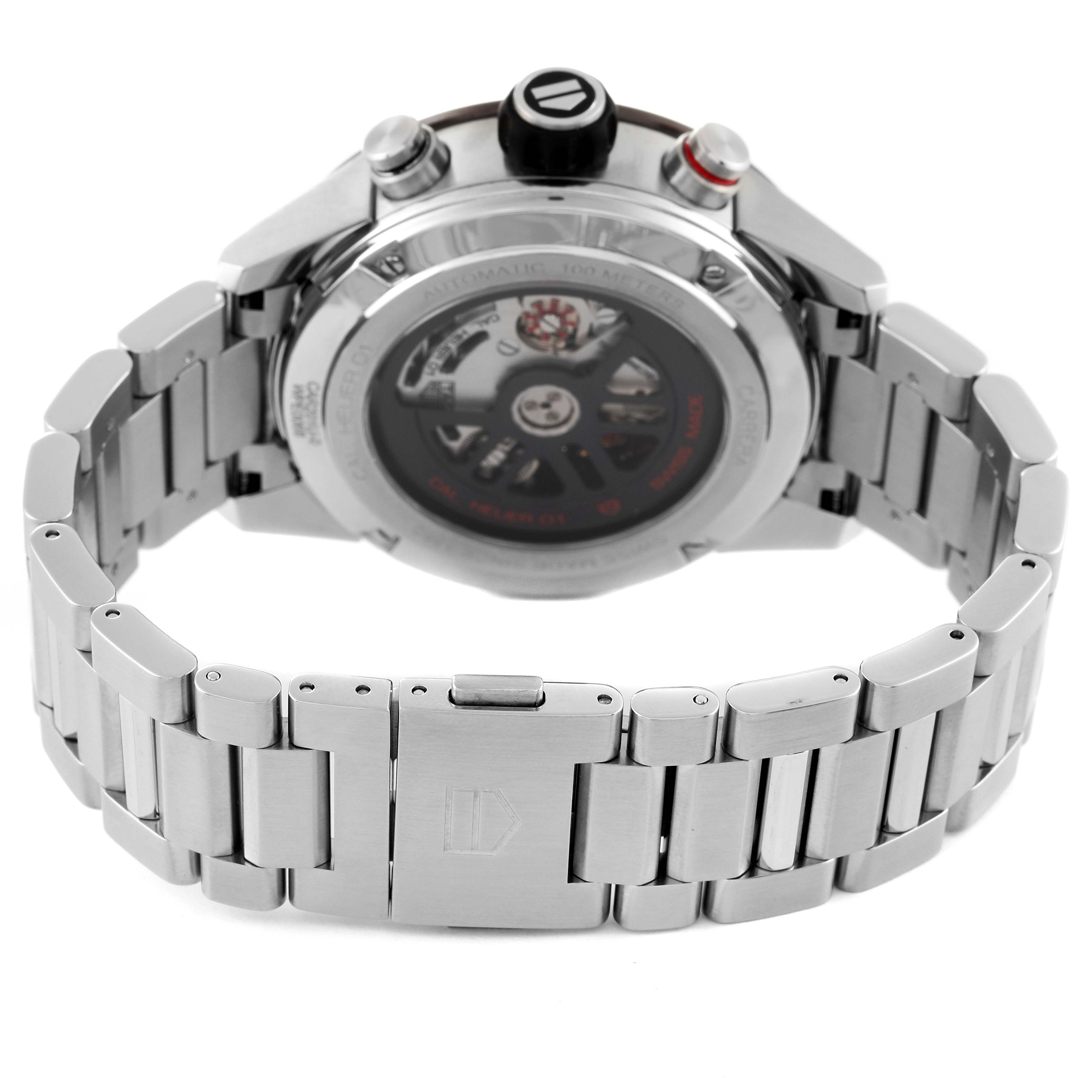 This image shows the back case and stainless steel bracelet of the Tag Heuer Carrera CAR201U.BA0766 Men's Stainless Steel Brown Dial CAR201U.BA0766 Men's Stainless Steel Brown Dial watch from a rear angle.