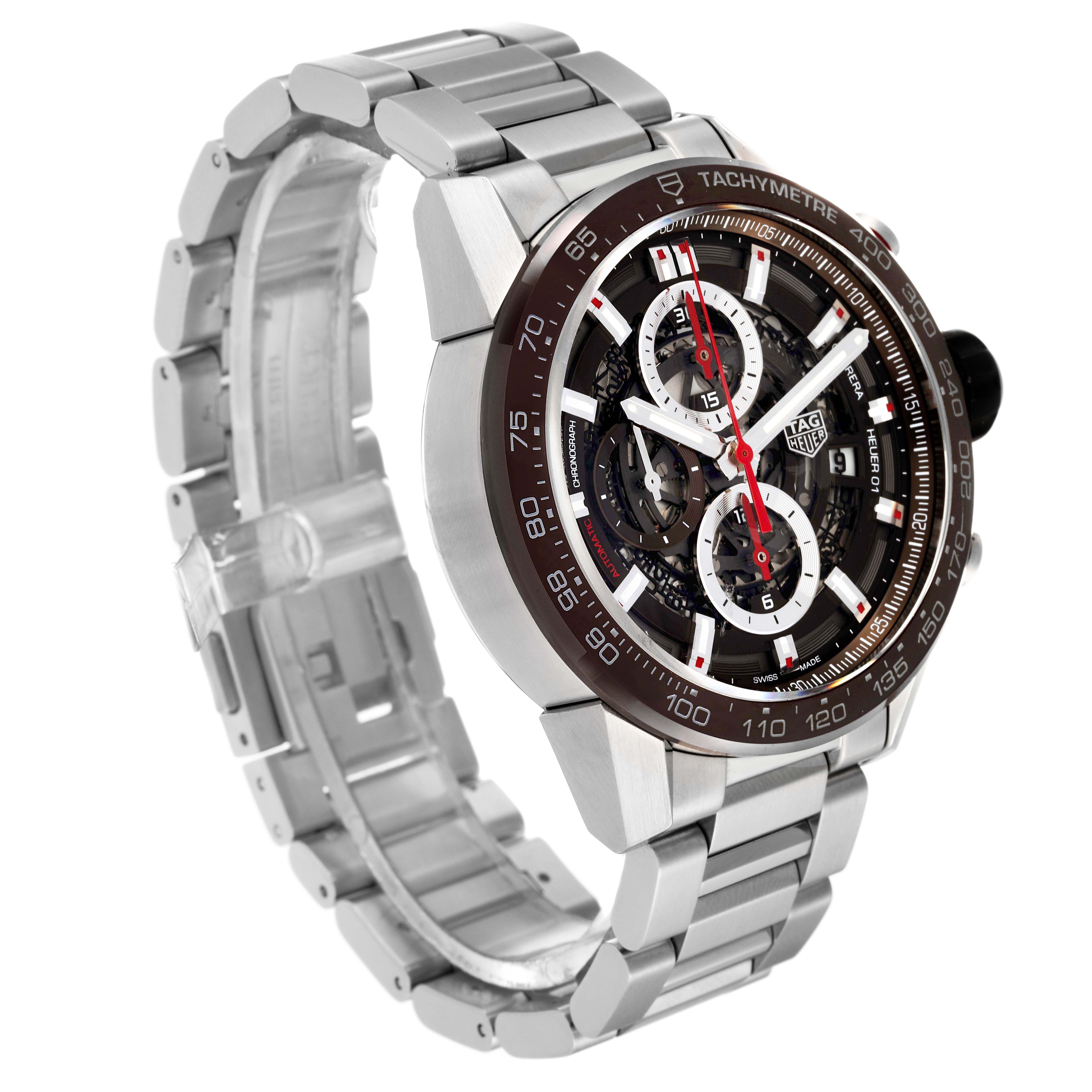 The image shows a Tag Heuer Carrera CAR201U.BA0766 Men's Stainless Steel Brown Dial CAR201U.BA0766 Men's Stainless Steel Brown Dial watch at a three-quarter angle showcasing the face and stainless steel bracelet.