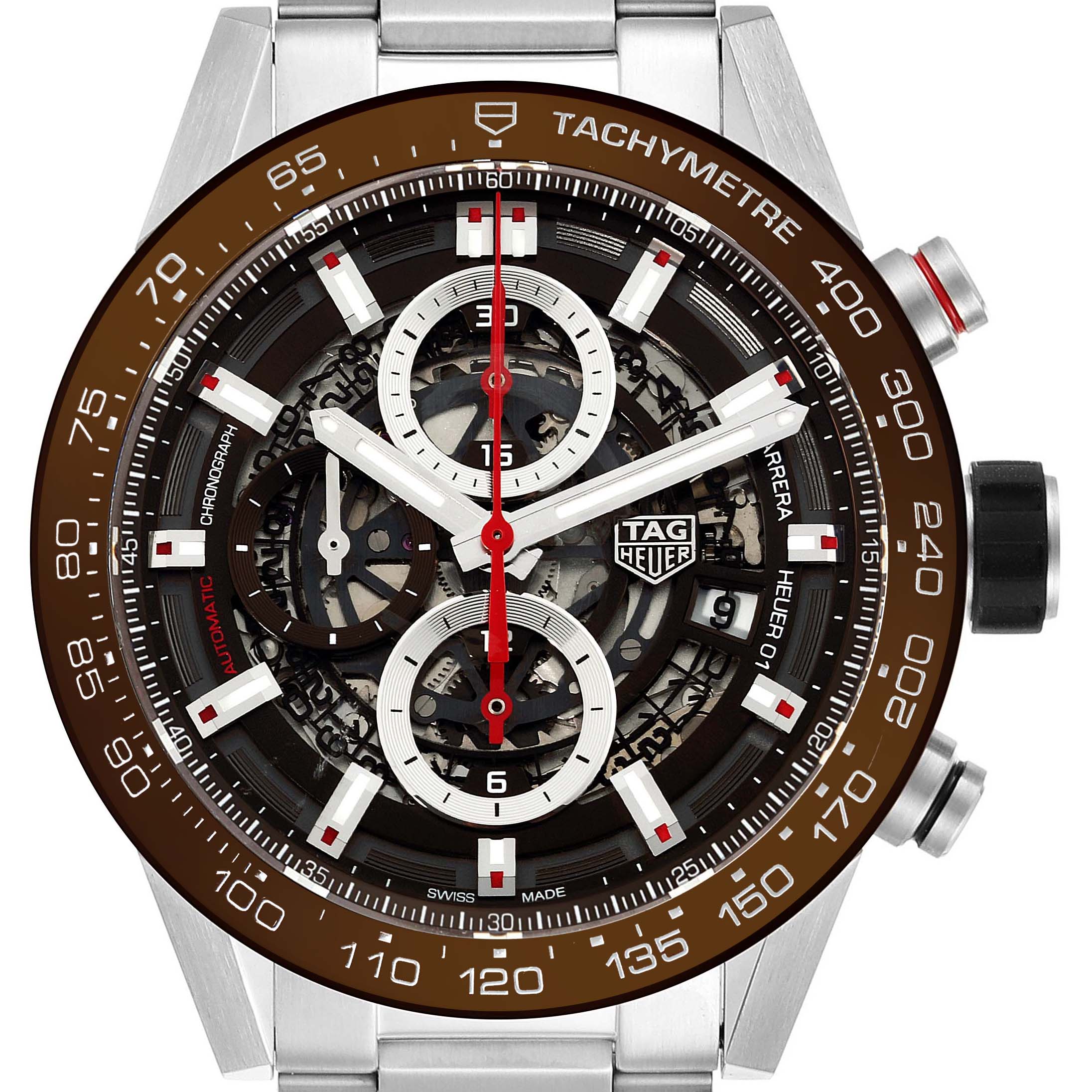 The image shows a close-up of the dial and bezel of the Tag Heuer Carrera CAR201U.BA0766 Men's Stainless Steel Brown Dial CAR201U.BA0766 Men's Stainless Steel Brown Dial watch, highlighting the chronograph, hands, and tachymeter scale.