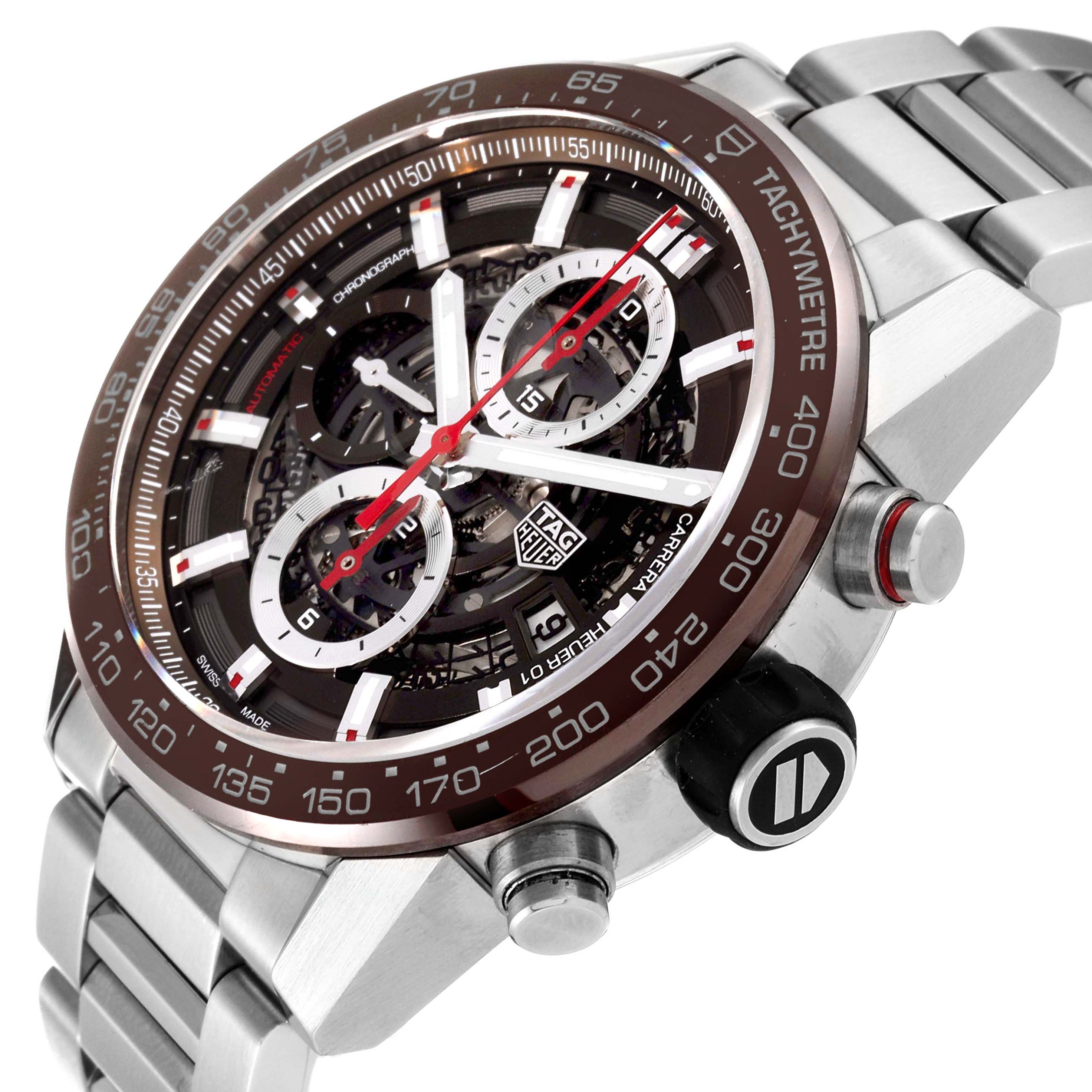 The image shows a close-up angled view of the Tag Heuer Carrera CAR201U.BA0766 Men's Stainless Steel Brown Dial CAR201U.BA0766 Men's Stainless Steel Brown Dial watch, highlighting the dial, bezel, and chronograph buttons.