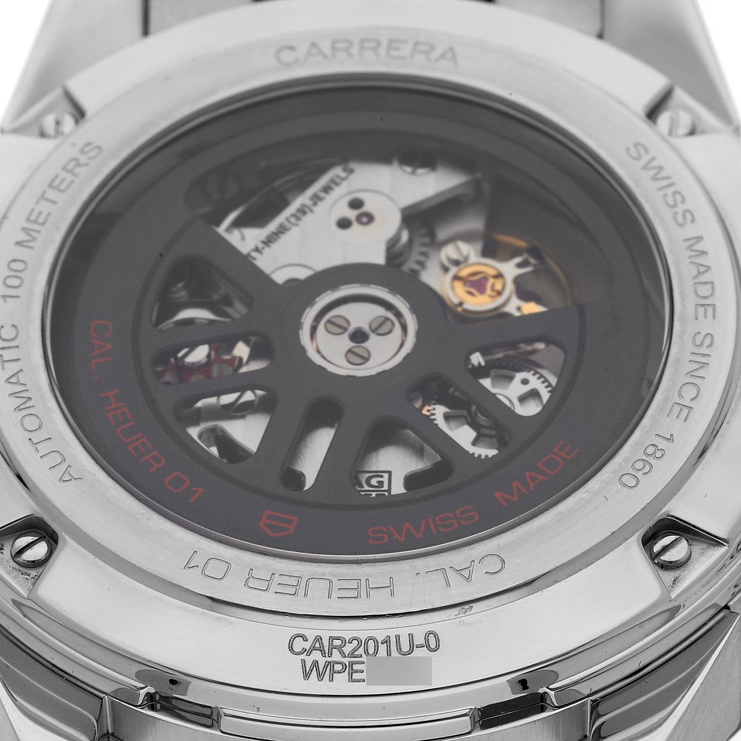 The image shows the back view of the Tag Heuer Carrera CAR201U.BA0766 Men's Stainless Steel Brown Dial CAR201U.BA0766 Men's Stainless Steel Brown Dial watch, highlighting its automatic movement and inner mechanisms.