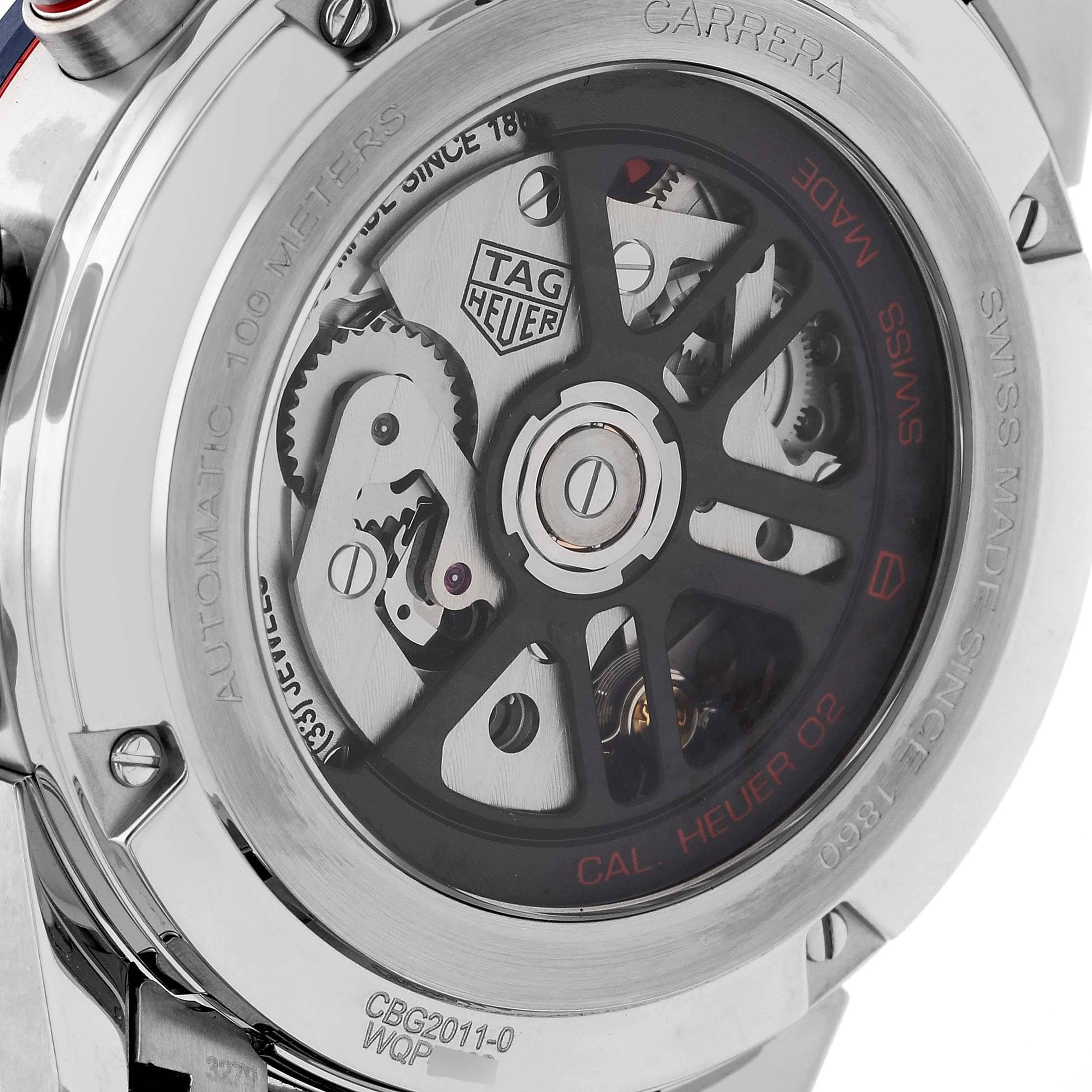 This image shows the back view of the Tag Heuer Carrera CBG2011 Men's Stainless Steel Blue Dial CBG2011 Men's Stainless Steel Blue Dial watch, highlighting its exposed automatic movement and intricate mechanisms.