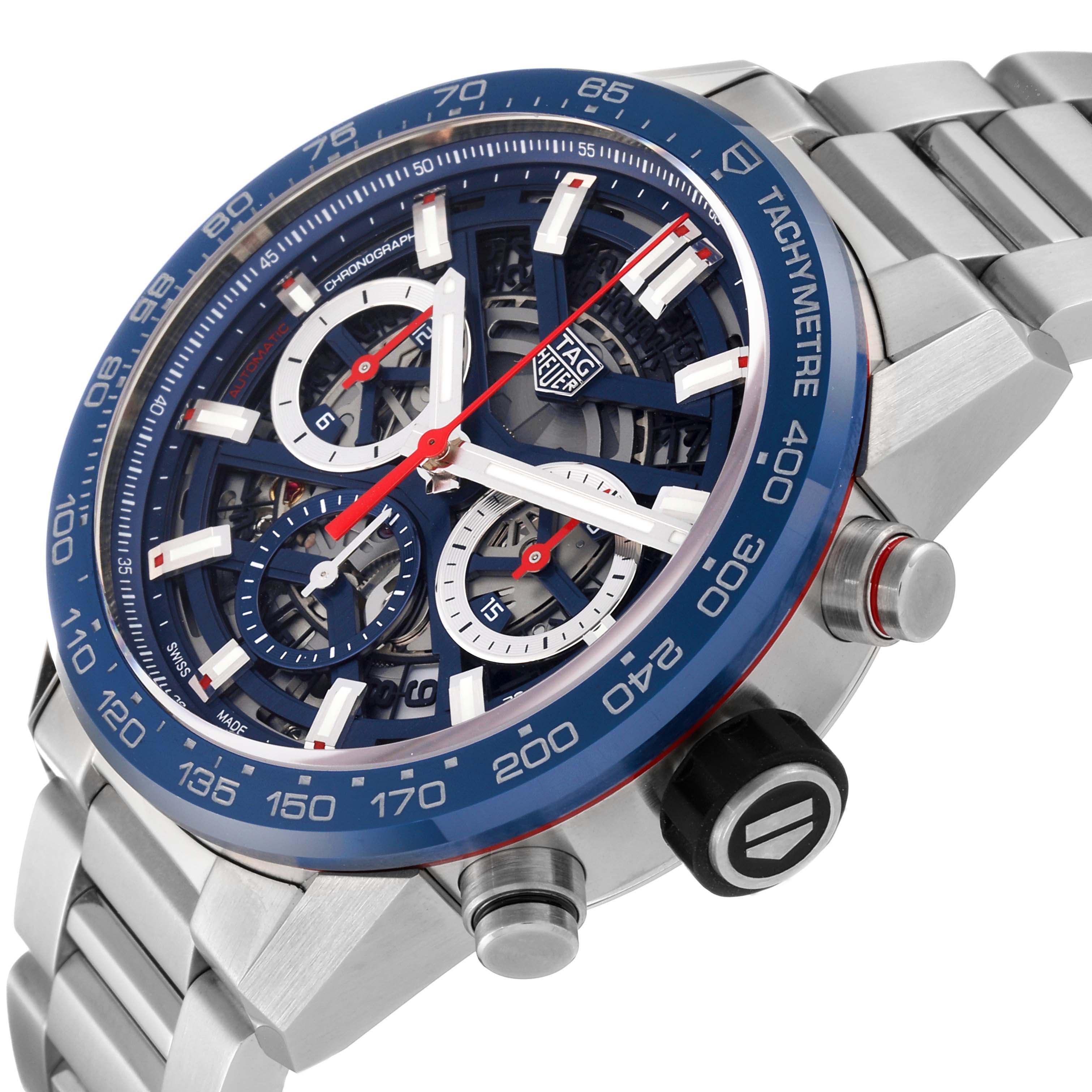 The Tag Heuer Carrera CBG2011 Men's Stainless Steel Blue Dial CBG2011 Men's Stainless Steel Blue Dial watch is shown at a slight angle, highlighting its face, tachymeter bezel, and part of the metal bracelet.