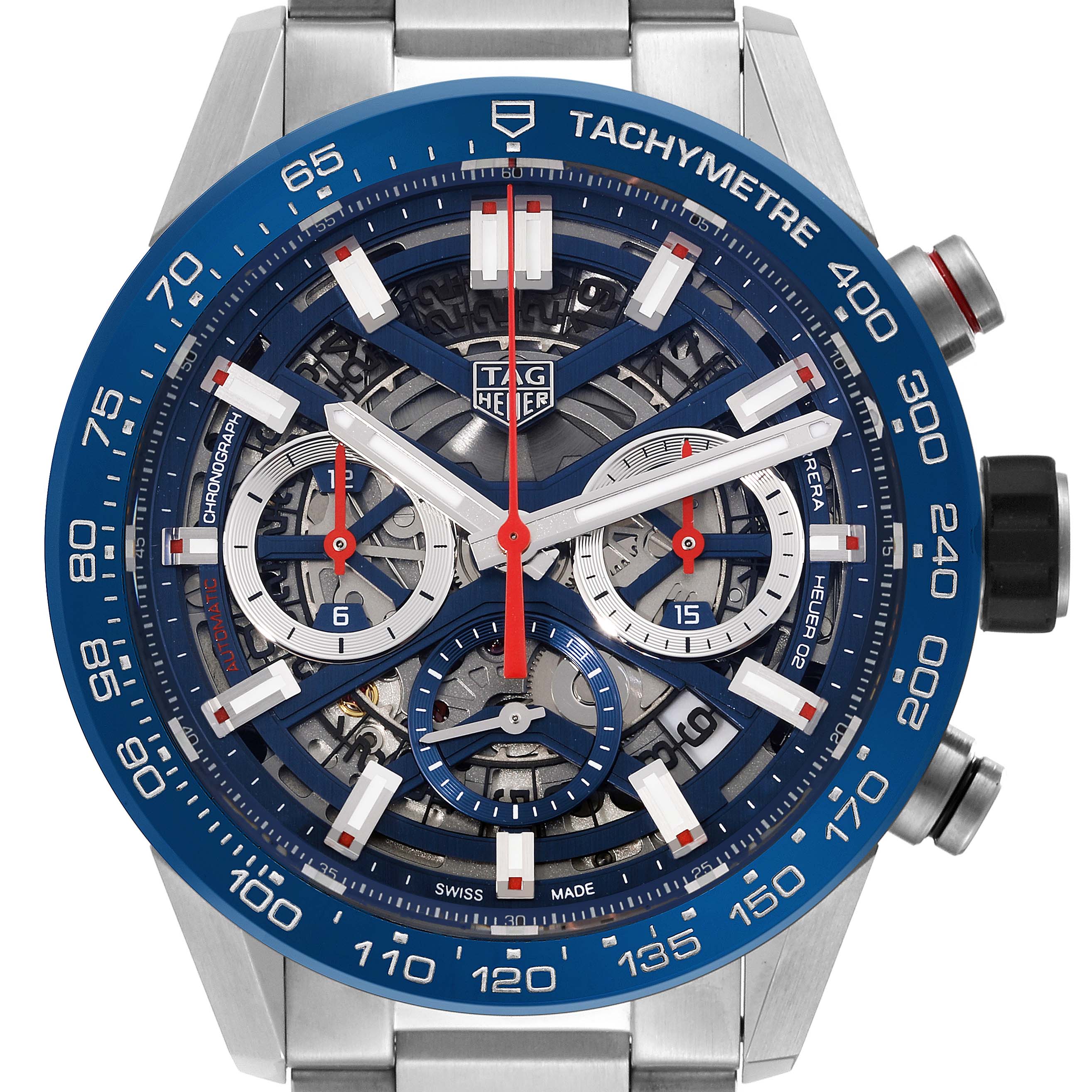 The image shows a front view of the Tag Heuer Carrera CBG2011 Men's Stainless Steel Blue Dial CBG2011 Men's Stainless Steel Blue Dial watch, featuring its blue tachymeter bezel and chronograph subdials.
