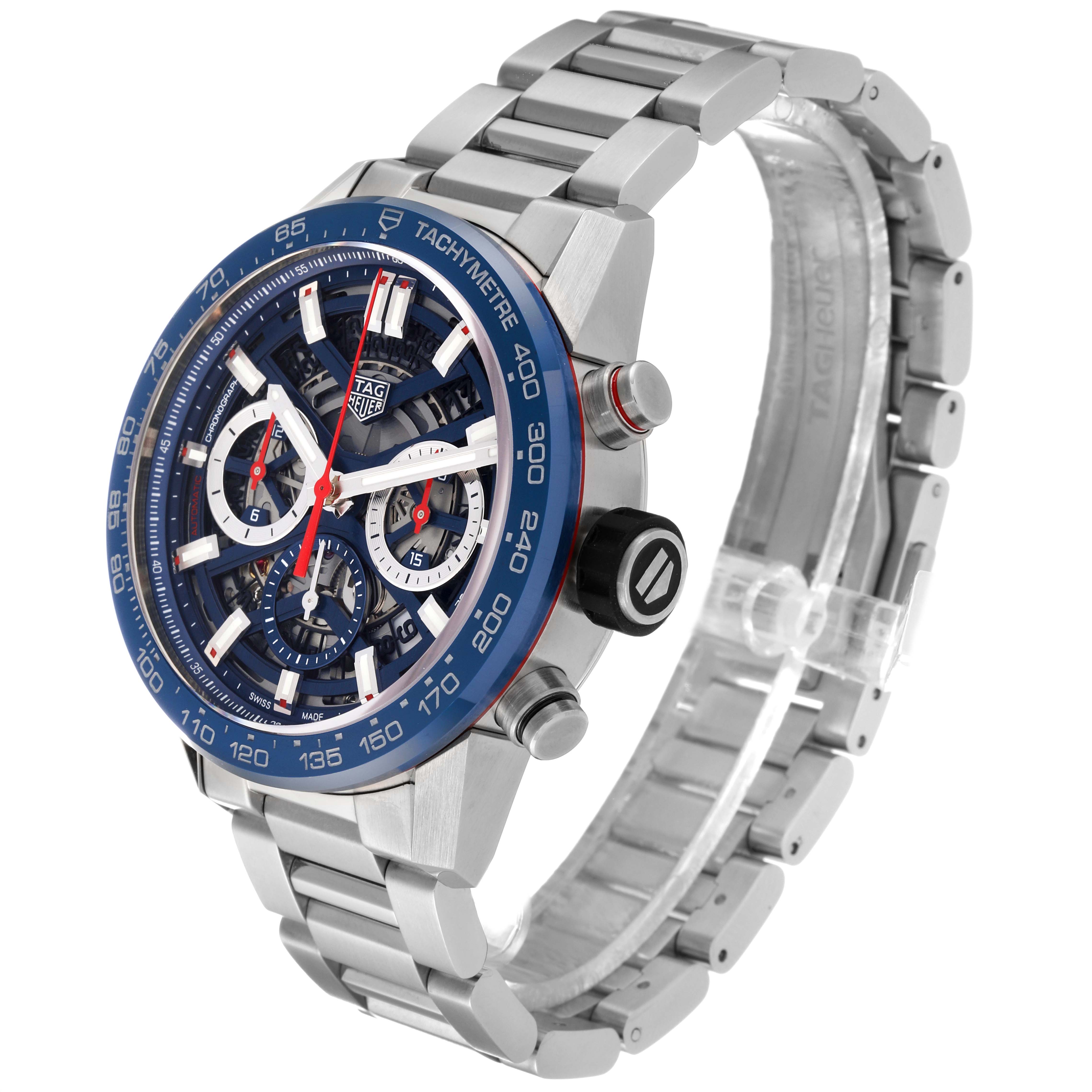 The Tag Heuer Carrera CBG2011 Men's Stainless Steel Blue Dial CBG2011 Men's Stainless Steel Blue Dial watch is shown at an oblique angle clearly displaying its face, bezel, crown, and stainless steel bracelet.
