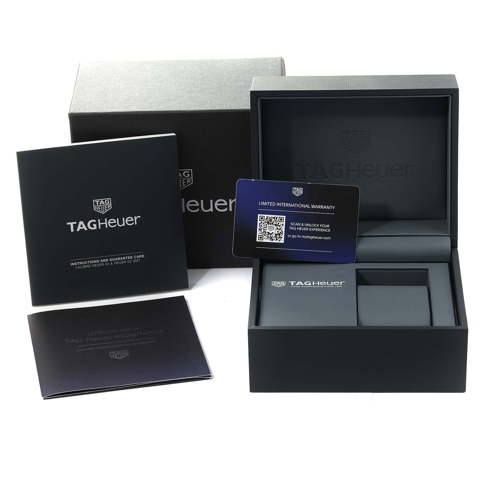 This image shows the packaging, warranty card, and manuals for the Tag Heuer Carrera CBG2011 Men's Stainless Steel Blue Dial CBG2011 Men's Stainless Steel Blue Dial watch, including the inner and outer boxes.