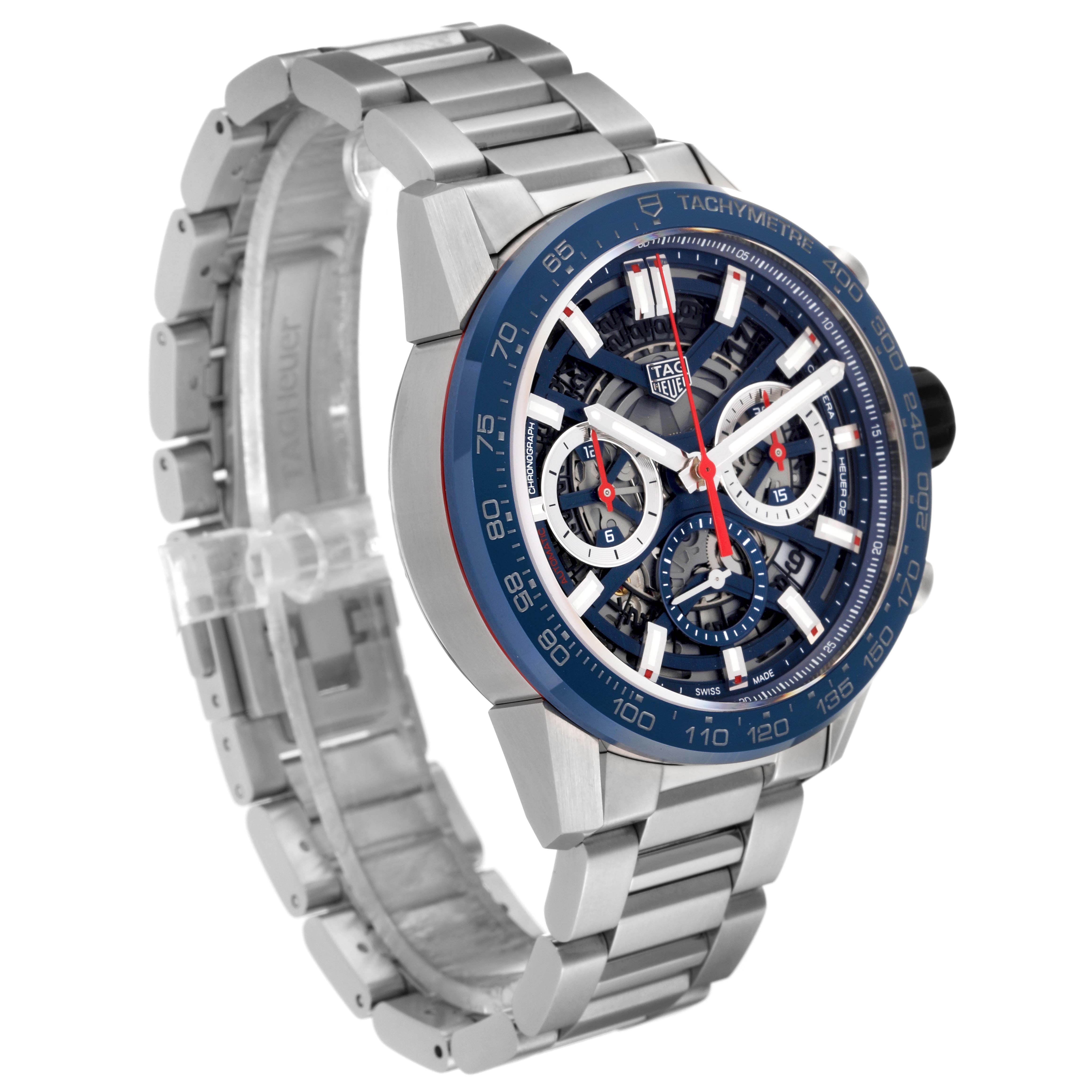 The image shows a Tag Heuer Carrera CBG2011 Men's Stainless Steel Blue Dial CBG2011 Men's Stainless Steel Blue Dial watch at a three-quarter angle, displaying the bracelet, case, and dial with subdials and tachymeter bezel.