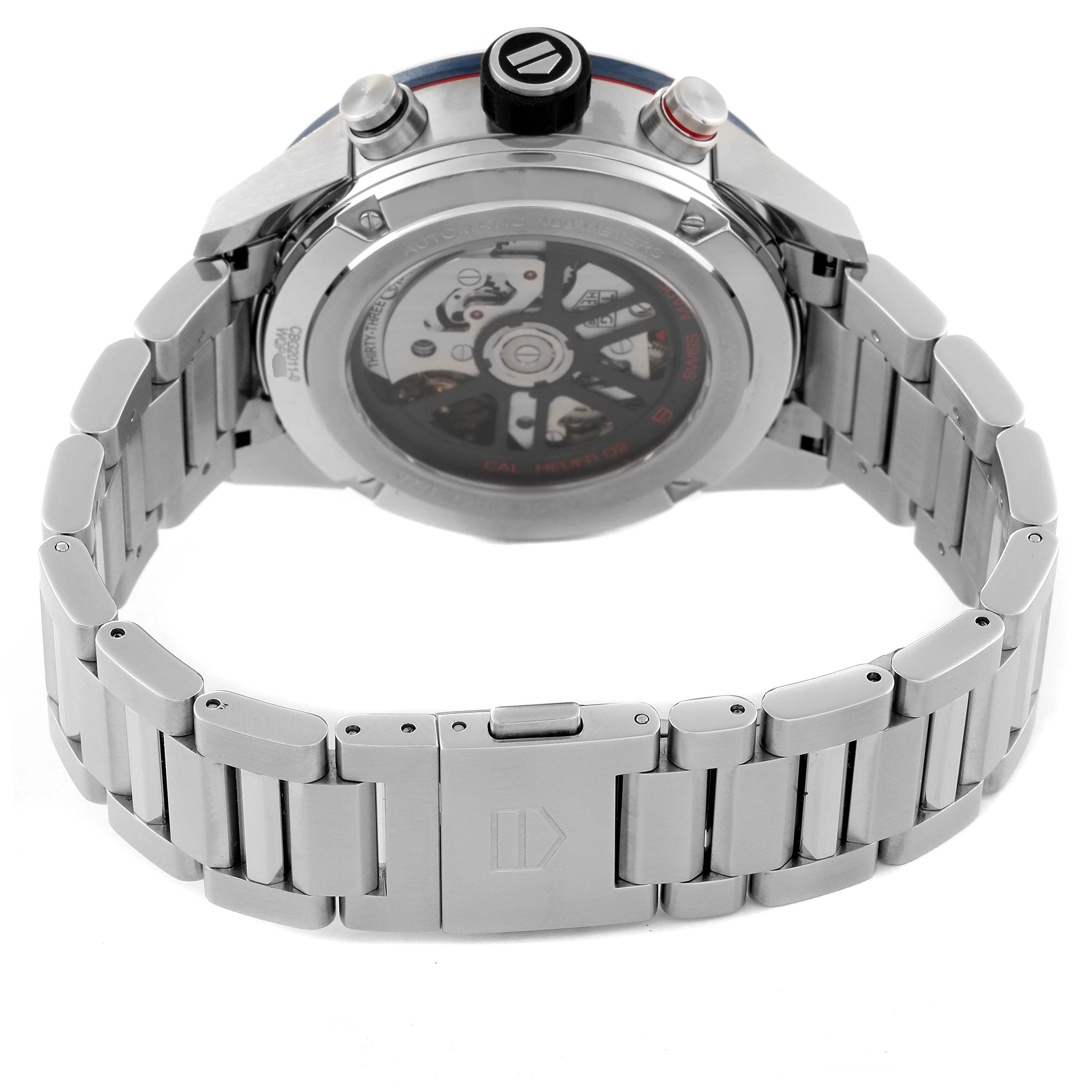 The image shows the back and bracelet of a Tag Heuer Carrera CBG2011 Men's Stainless Steel Blue Dial CBG2011 Men's Stainless Steel Blue Dial model watch from a rear angle.