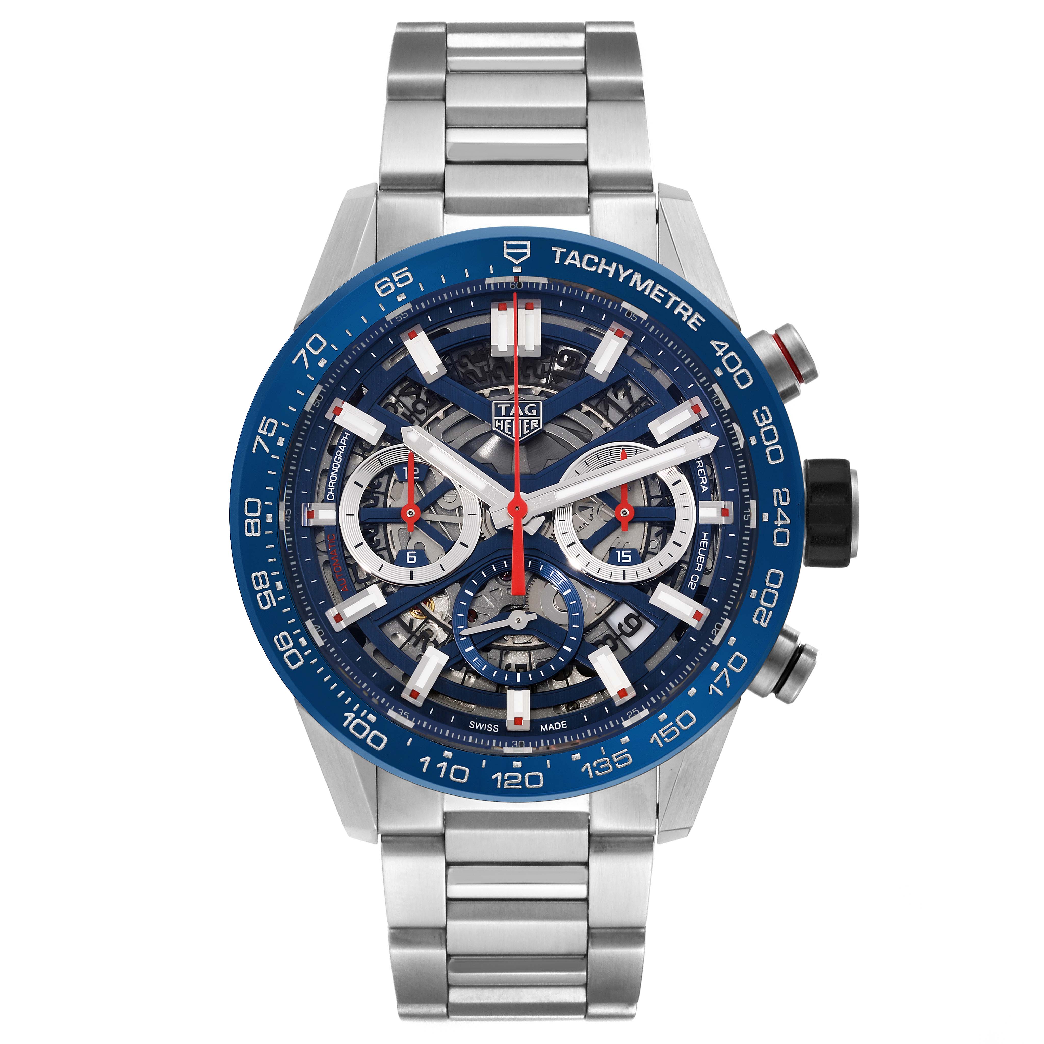 The image shows a front view of the Tag Heuer Carrera CBG2011 Men's Stainless Steel Blue Dial CBG2011 Men's Stainless Steel Blue Dial watch with a blue tachymeter bezel, skeleton dial, and stainless steel bracelet.