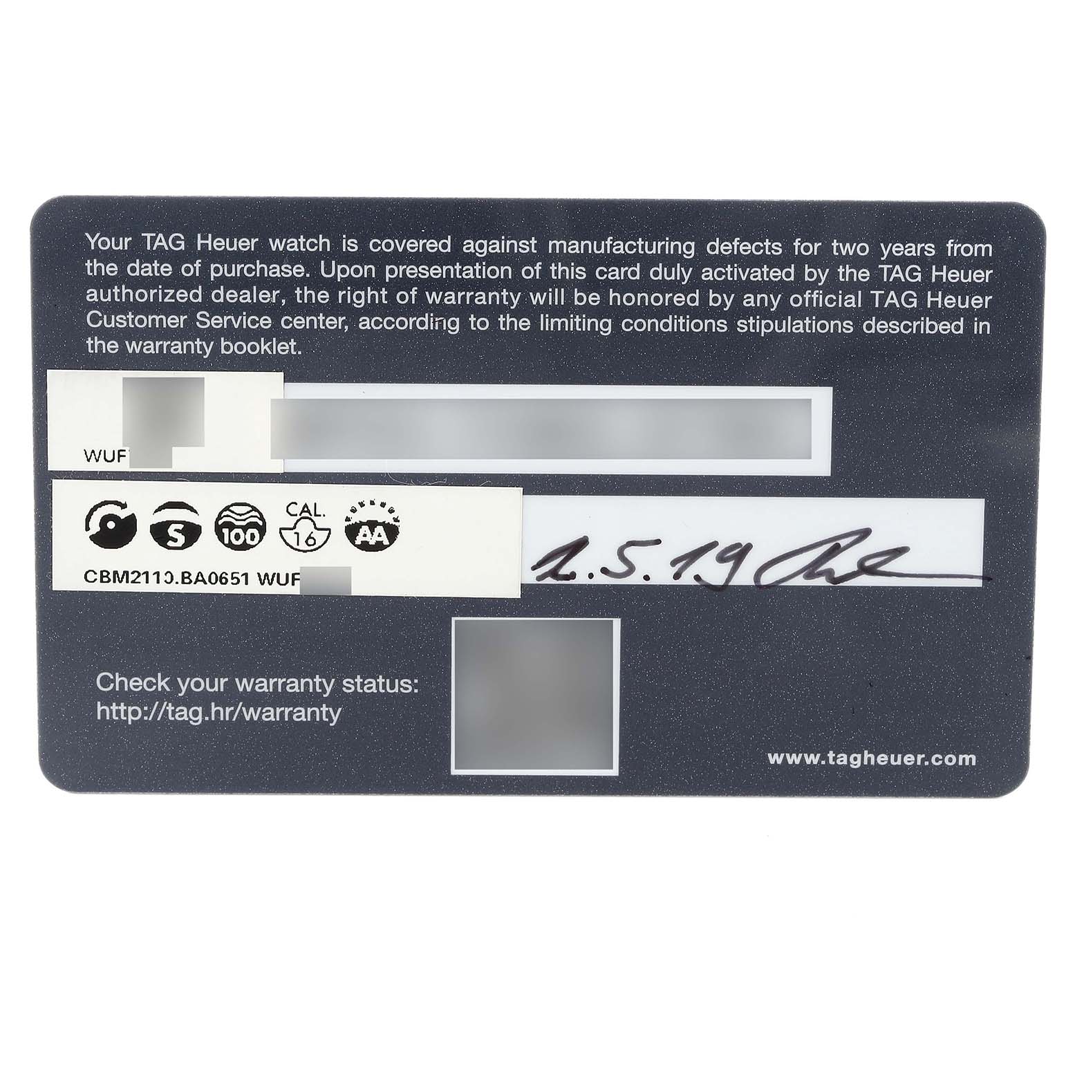 This is a warranty card for the Tag Heuer Carrera CBM2110 Men's Stainless Steel Black Dial CBM2110 Men's Stainless Steel Black Dial model watch.