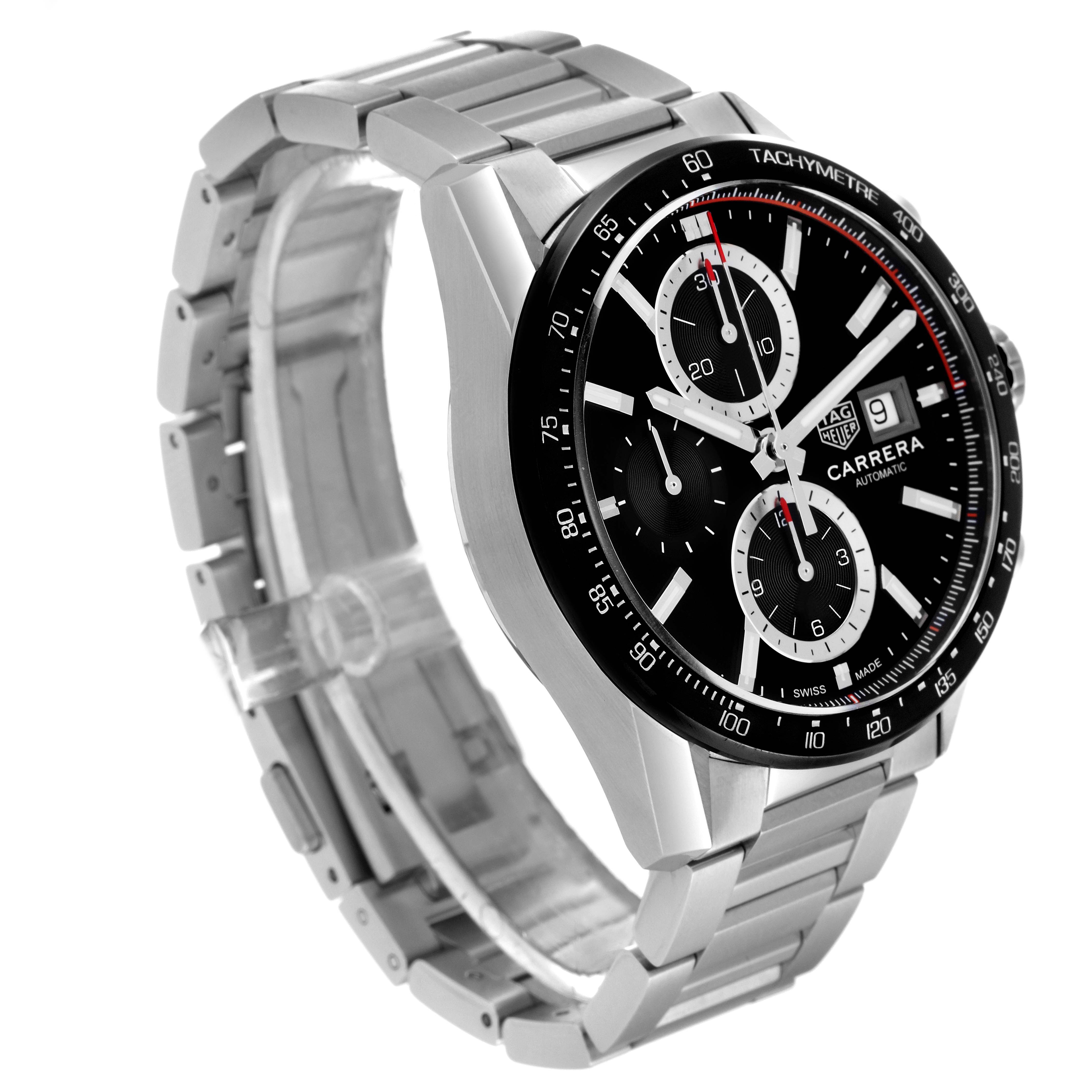 This Tag Heuer Carrera CBM2110 Men's Stainless Steel Black Dial CBM2110 Men's Stainless Steel Black Dial watch is shown at a front-side angle highlighting the face, tachymeter, and stainless steel bracelet.