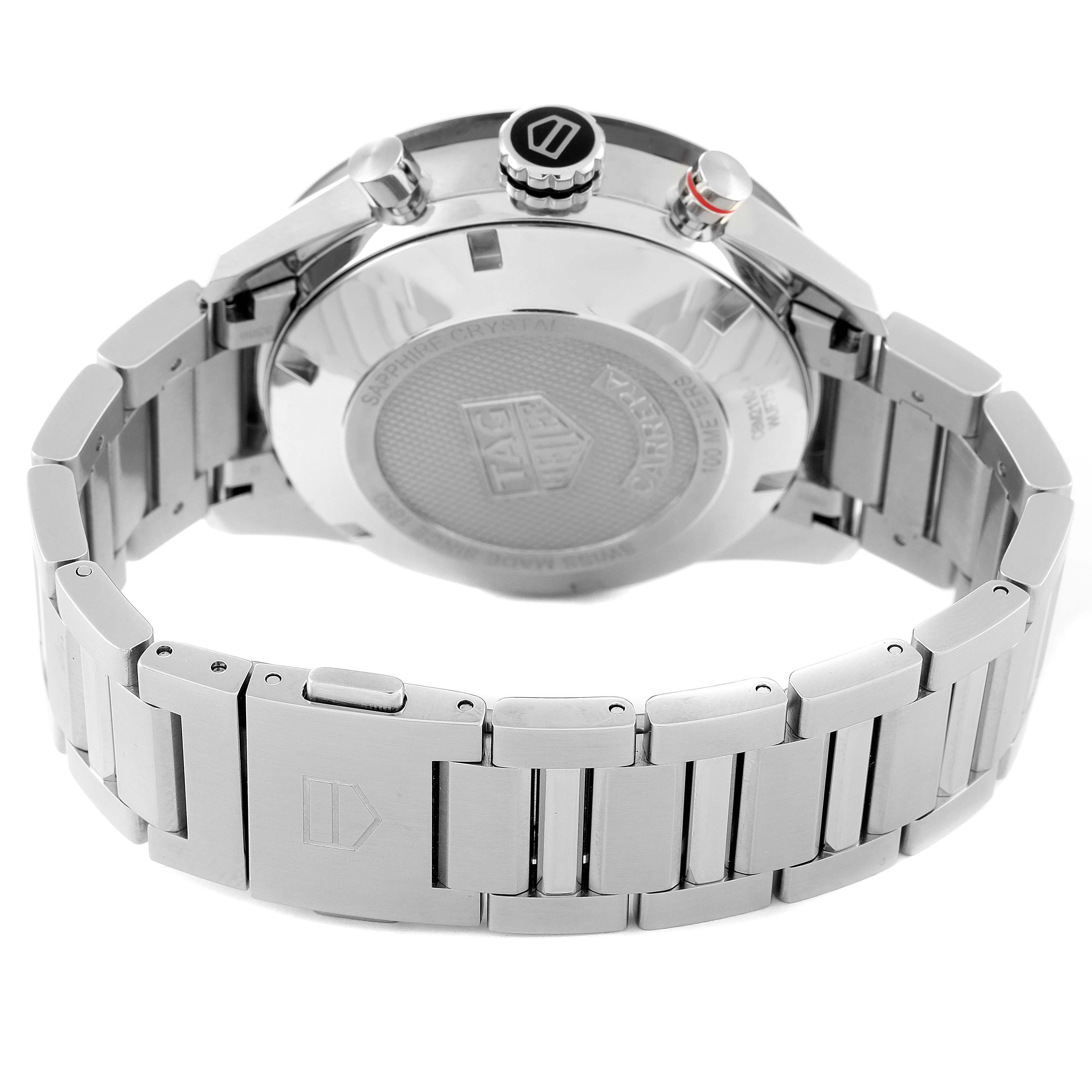 The image shows the back and bracelet of the Tag Heuer Carrera CBM2110 Men's Stainless Steel Black Dial CBM2110 Men's Stainless Steel Black Dial watch, highlighting its clasp, crown, and pushers.