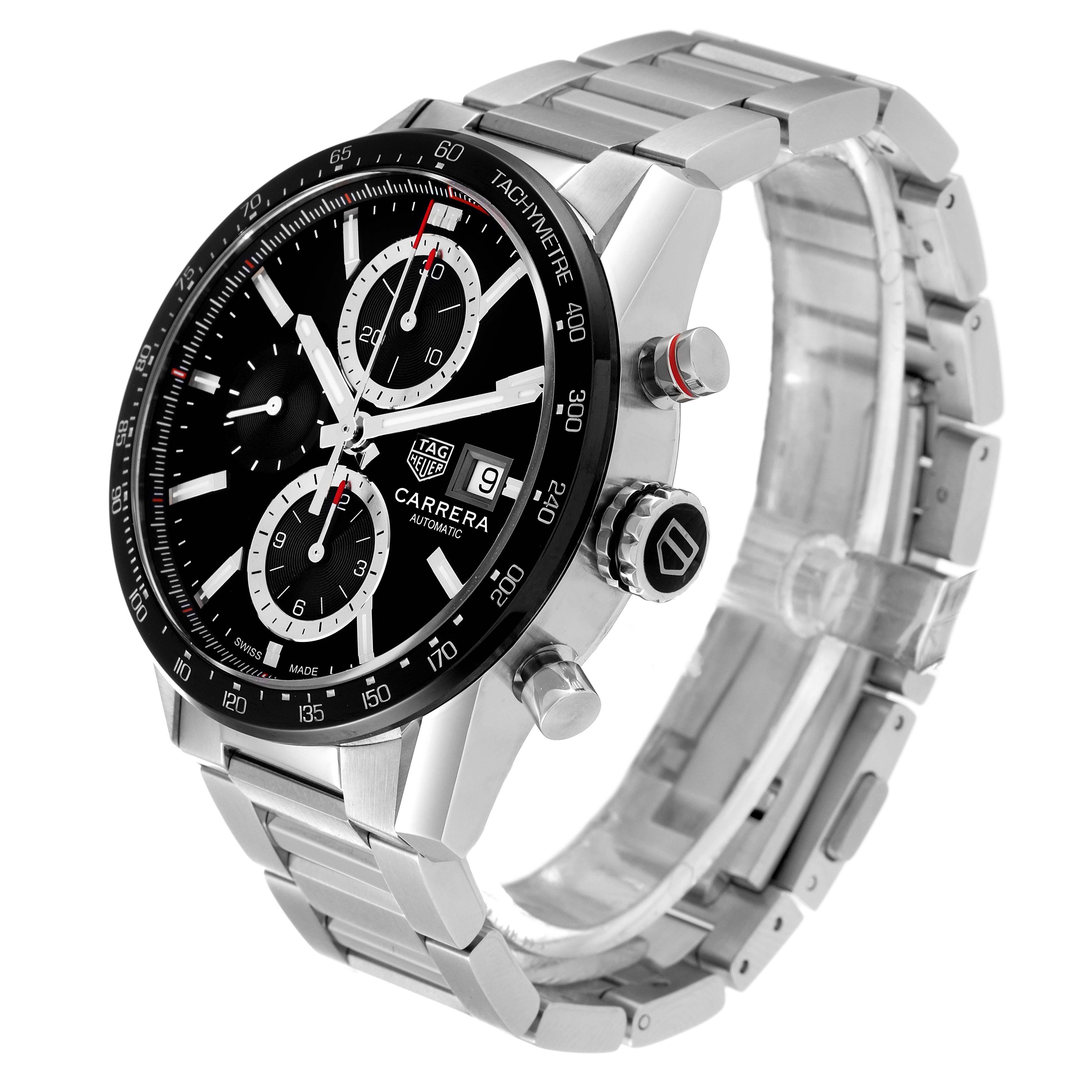 The image shows a side angle of the Tag Heuer Carrera CBM2110 Men's Stainless Steel Black Dial CBM2110 Men's Stainless Steel Black Dial watch, highlighting its dial, bezel, crown, pushers, and stainless steel bracelet.